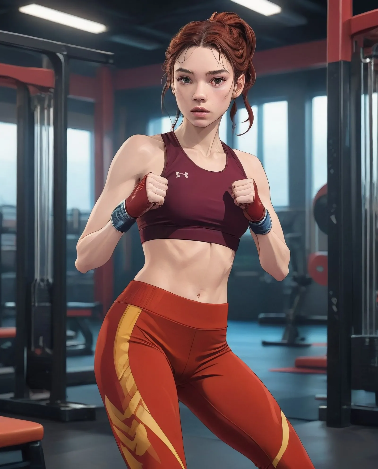 boxer Àstrid Bergès-Frisbey  with a fierce braid and sculpted arms throws a punch in a brightly lit gym. Crimson athletic leggings with contrasting side panels showcase her slim legs. A burnt orange sports bra with a high neckline highlights her courage and determination.