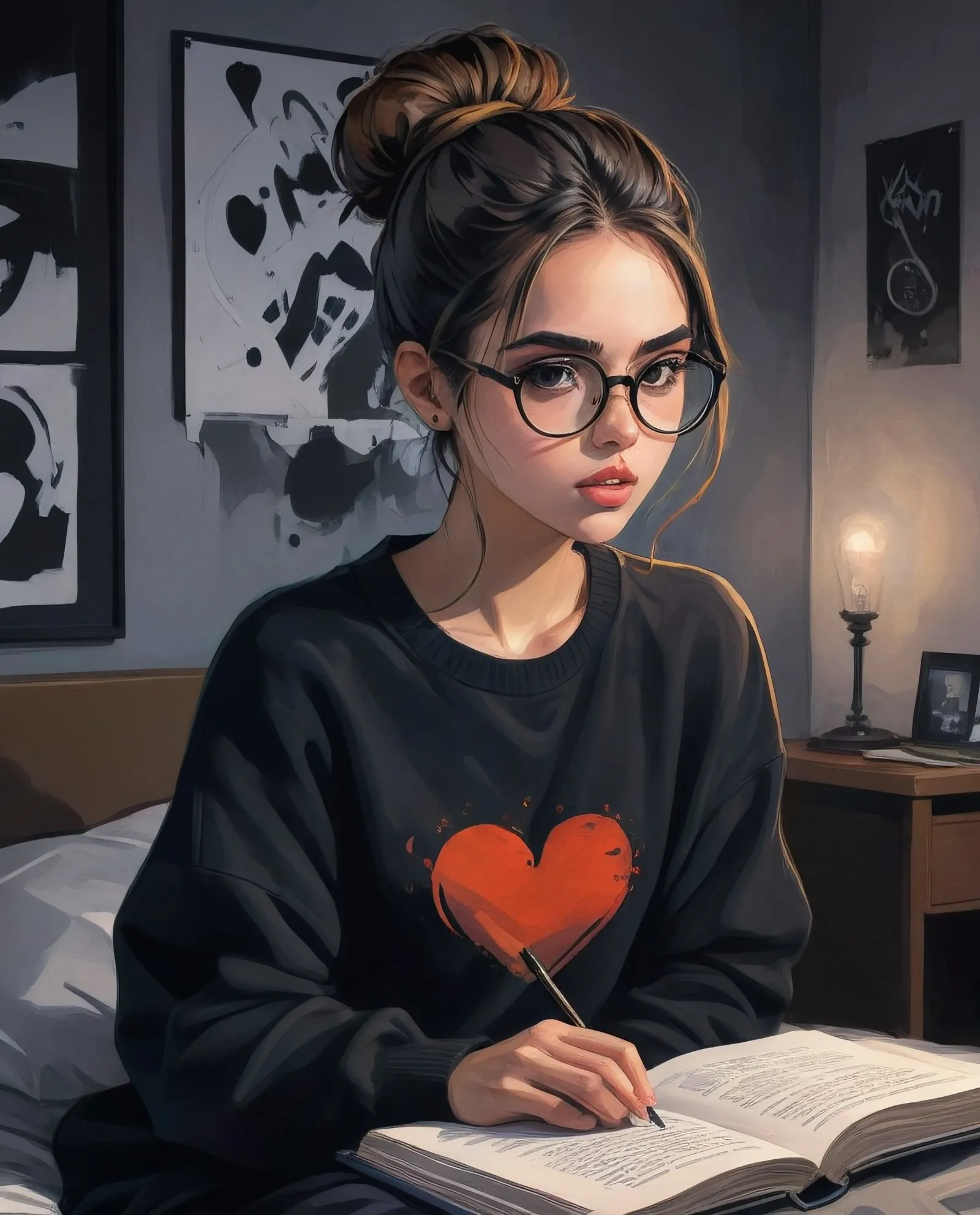 Beautiful young woman sitting bed - Free AI Photo Generator - starryai