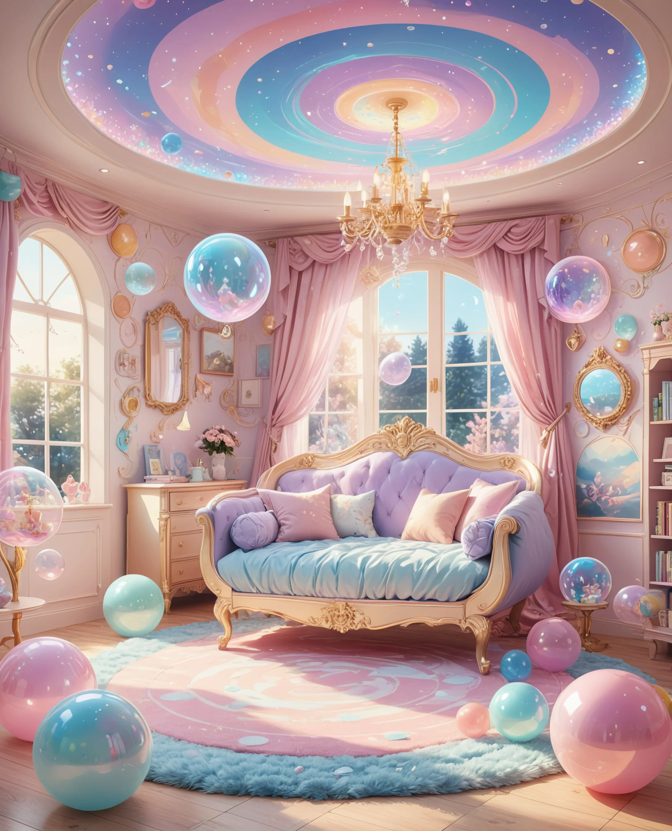 A trendy and whimsical girls room made entirely of bubbles, furniture and items made of bubbles, translucent, magical, tumblr aesthetic, trending on artstation, incredibly detailed, beautiful, creative, girls bedroom, pastel, digital painting,  digital illustration,  extreme detail,  digital art,  4k,  ultra hd, golden hour