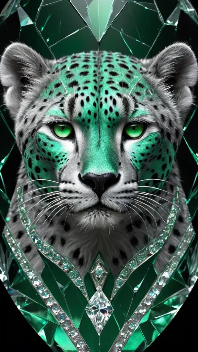 Green Silver Cheetah imbued with Diamond accents and volumetric lighting, mandala pattern adorning its body, set against a stark black void, glass shards orbiting around in a broken glass effect, mythical aura emanating from its form, skin adorned with iridescent, luminescent scales creating an energy reminiscent of molecular structures, divine, unforgettable, impressive, vivid color reflections, breathtaking beauty,