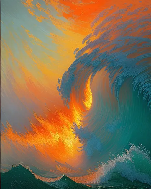 gorgeous image of a powerful  ocean swell on fire, firey orange and teal, mist and flames,  hyper realism, intricately detailed, captured in stunning 16k resolution, ilpoty, awe inspiring, in the style of marc adamus and natgeo