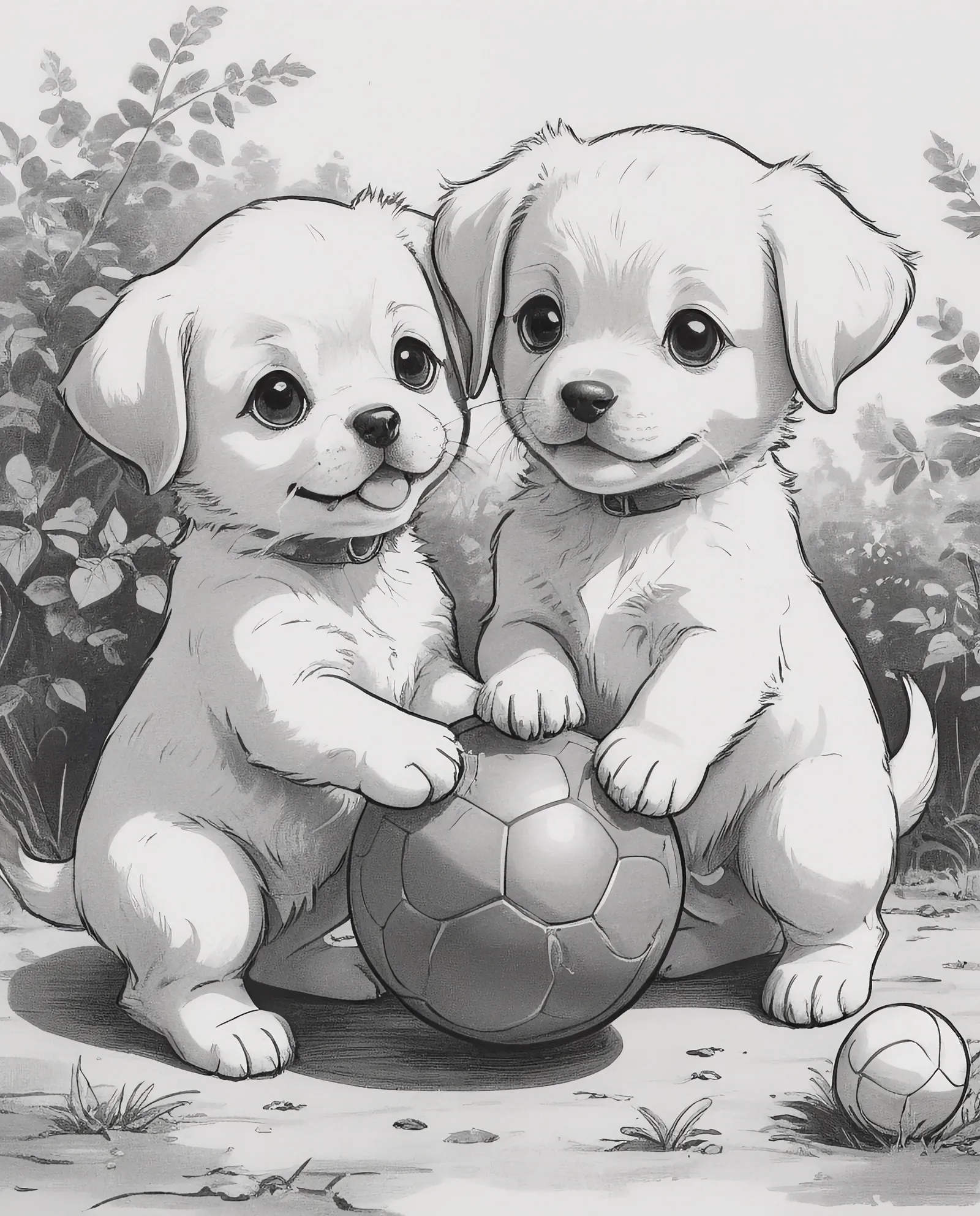 cute puppies playing with a ball, black and white line drawing, detailed, no shading