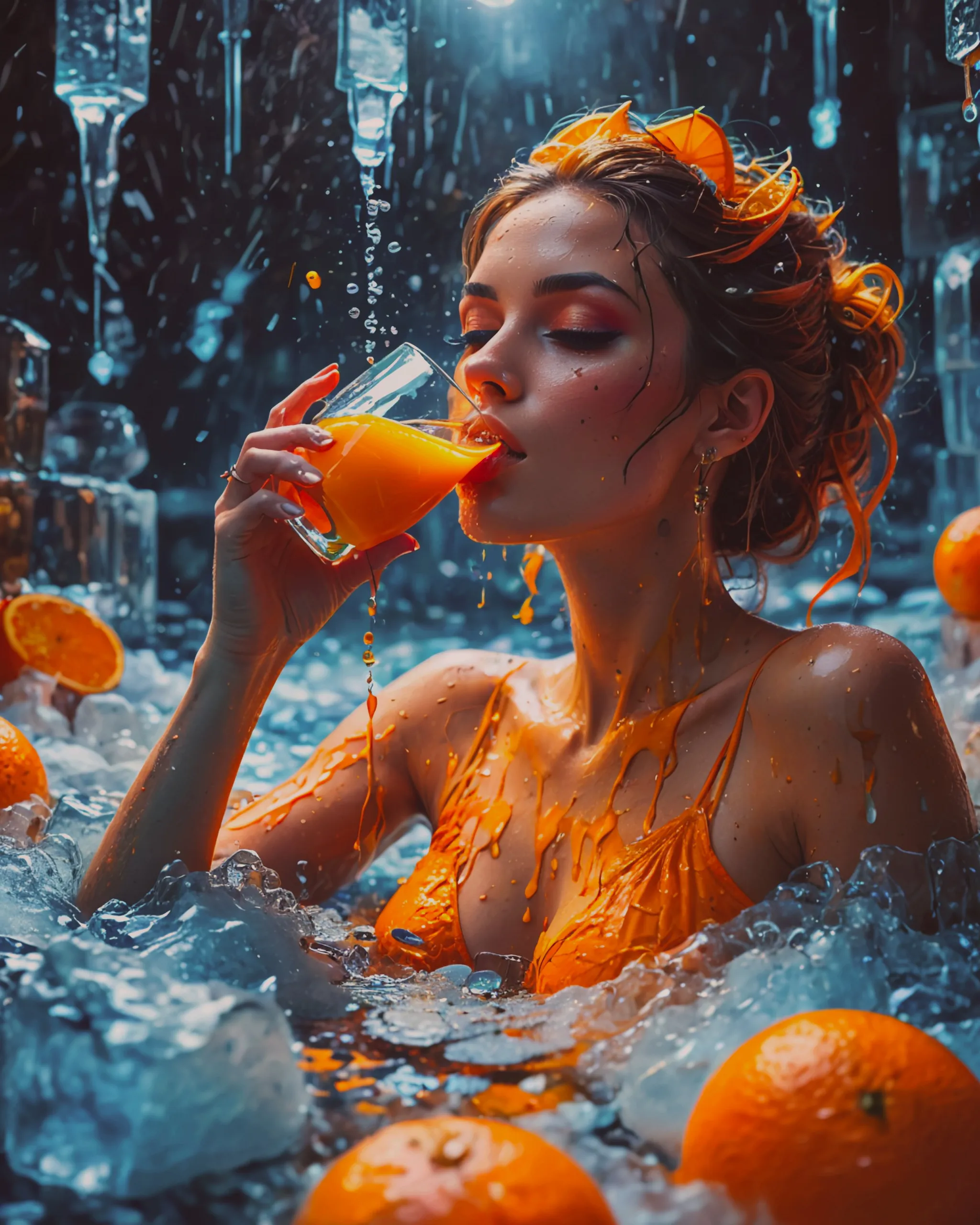 Splash Art, ((gorgeous woman drinking orange juice)), Surrealistic, Epic, Artstation, Splash Style Of Colorful Paint, Splash Swirling Dripping Melting , Several ice cubes, Contour, Hyperdetailed Intricately Detailed , Fantasy, Unreal Engine, Fantastical, Intricate Detail, Splash Screen, Complementary Colors, Fantasy Concept Art, 8k Resolution, Deviantart Masterpiece, Oil Painting, Heavy Strokes, Paint Dripping, Splash Arts, Neon Ambiance