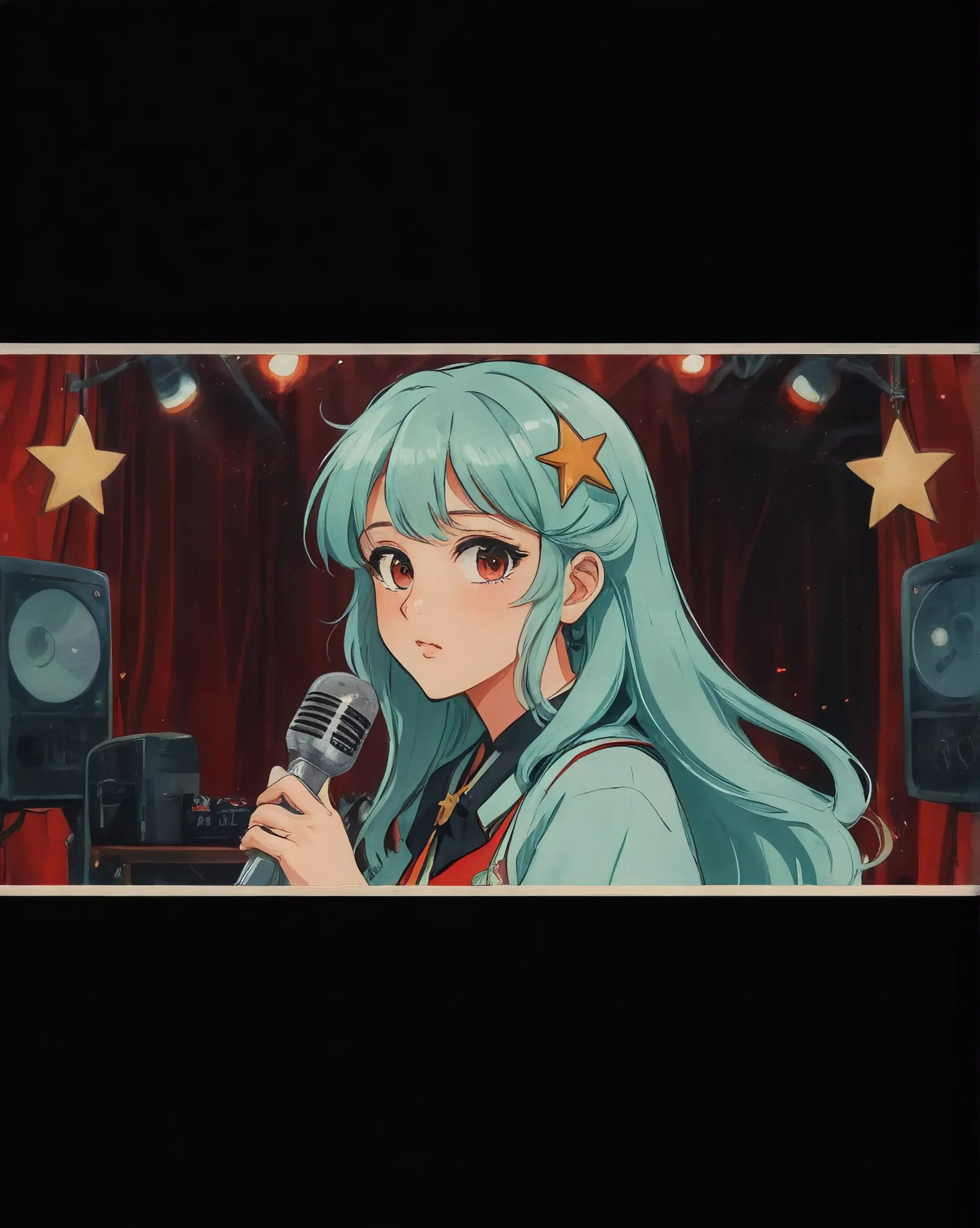 anime, vintage, girl, oil on canvas, mint green hair, long hair, star hair accessory, holding retro mic, red background, stage, stage lights