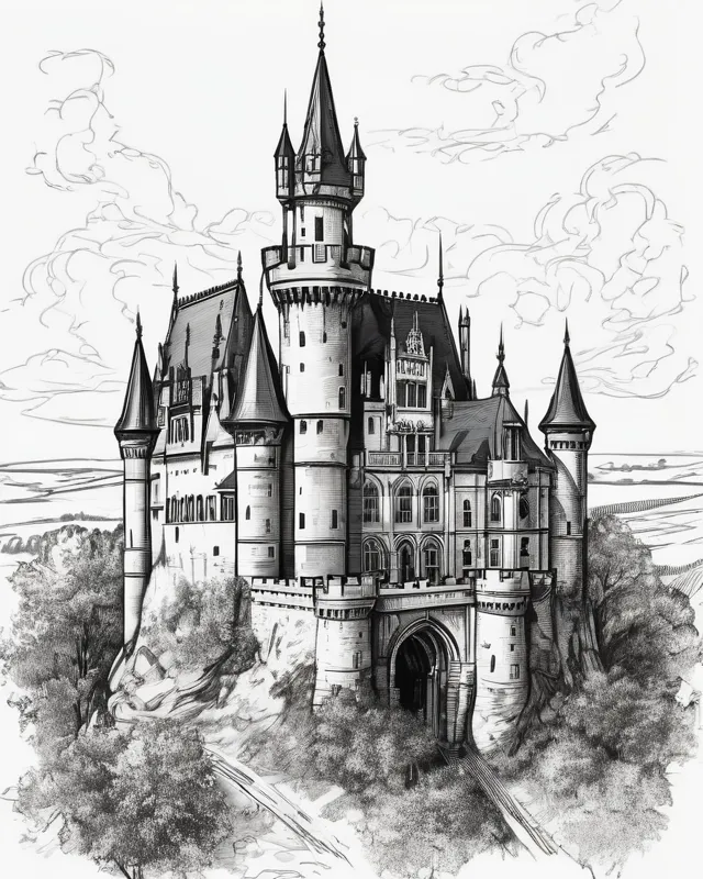 A sketch of a mysterious castle in the style of Gothic art with an aerial viewpoint.