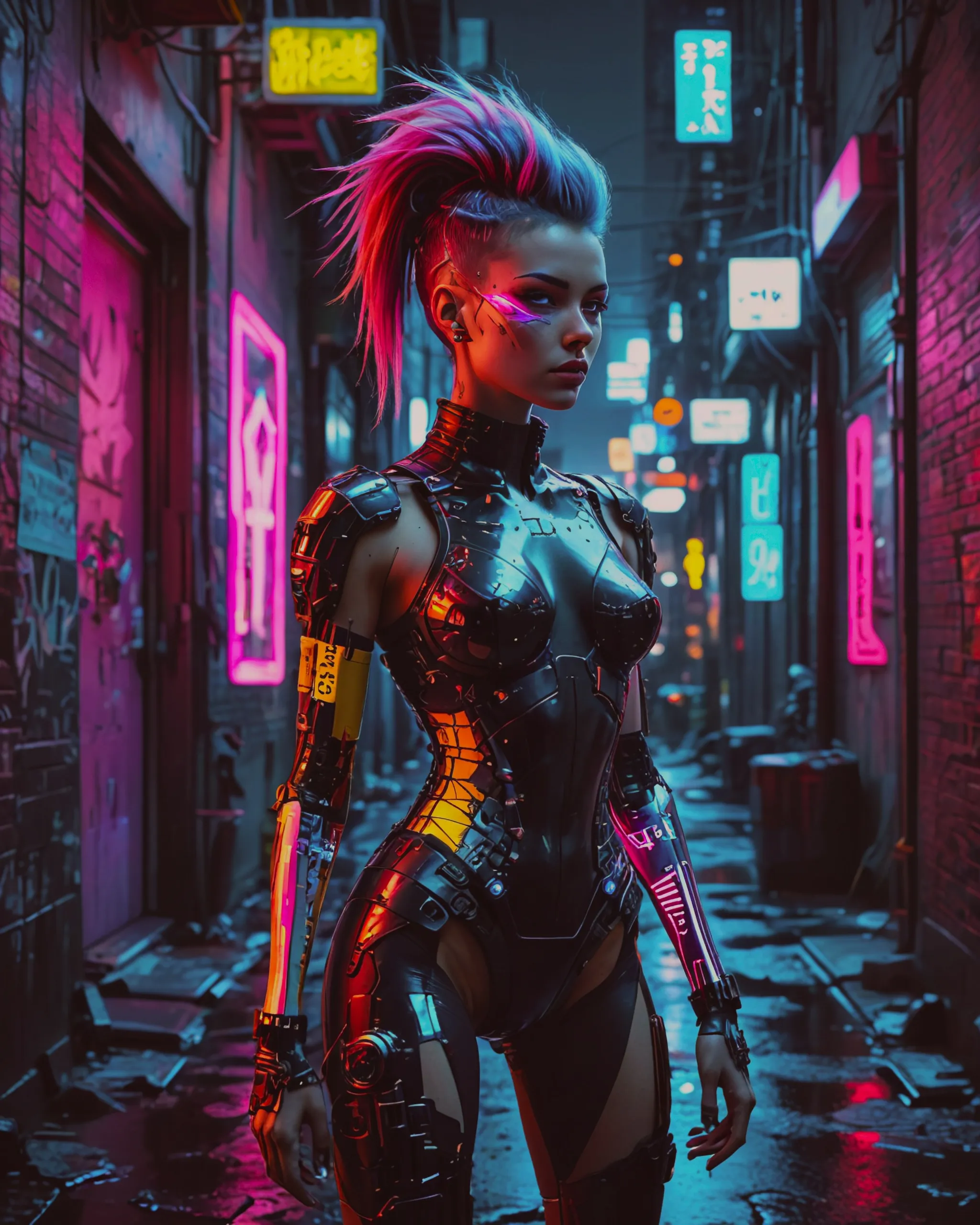 A fashionable cyberpunk woman with a laser-cut punk hairstyle walking confidently down a dark alleyway, her body a fusion of photorealism and glitched videogame graphics.