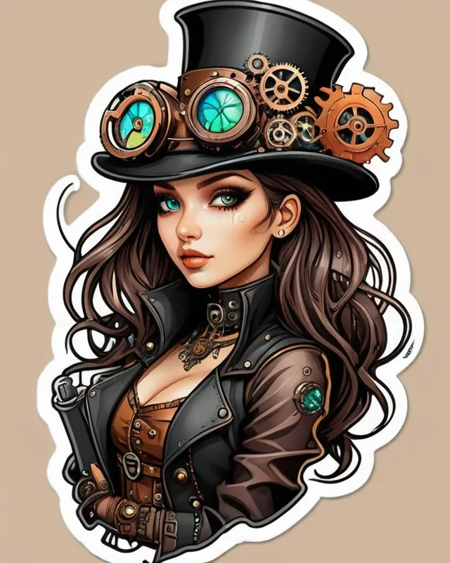 vibrant steampunk fantasy girl Clipart sticker black outline