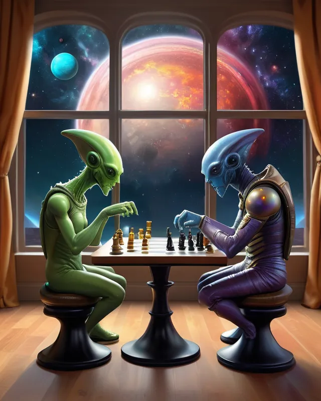 Two aliens seated playing a game - Free AI Photo Generator - starryai