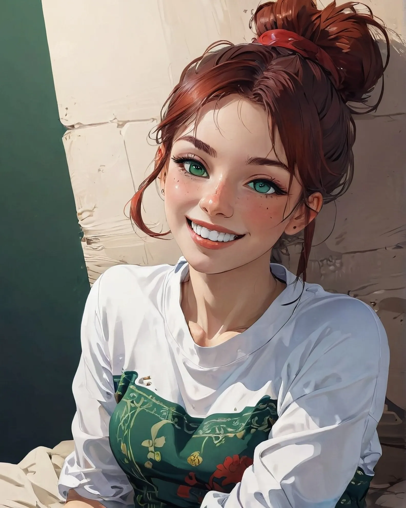 Extremely detailed artwork of a very pretty lady, green eyes, full lips, big smile, white teeth. Her hair is a solid dark/deep red colour and styled in a high messy ponytail and or messy bun. She is laying down on her left side, posing for the camera. Full body portrait. 