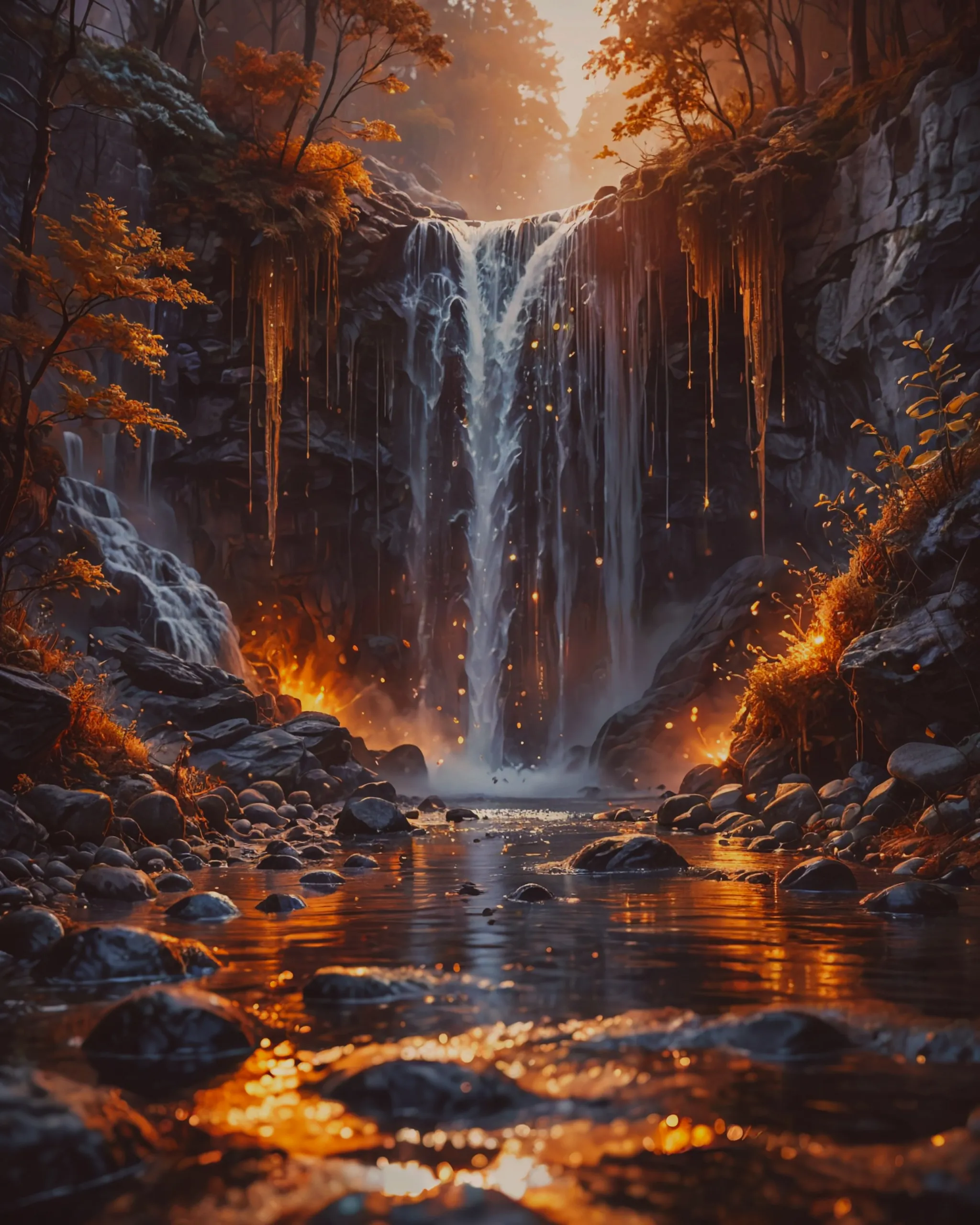 Multiverse waterfall , fantasy art, polished, beautiful, radiant, golden hour, cosmic, hyperdetailed, detailed, iridescent, ethereal, mysterious, ominous, vibrant, vapor, flickering light, photorealistic, digital painting, digital illustration, extreme detail, digital art, 4k, ultra hd, detailed full-color, hd photography, realistic surrealism, detailed, hyperrealism