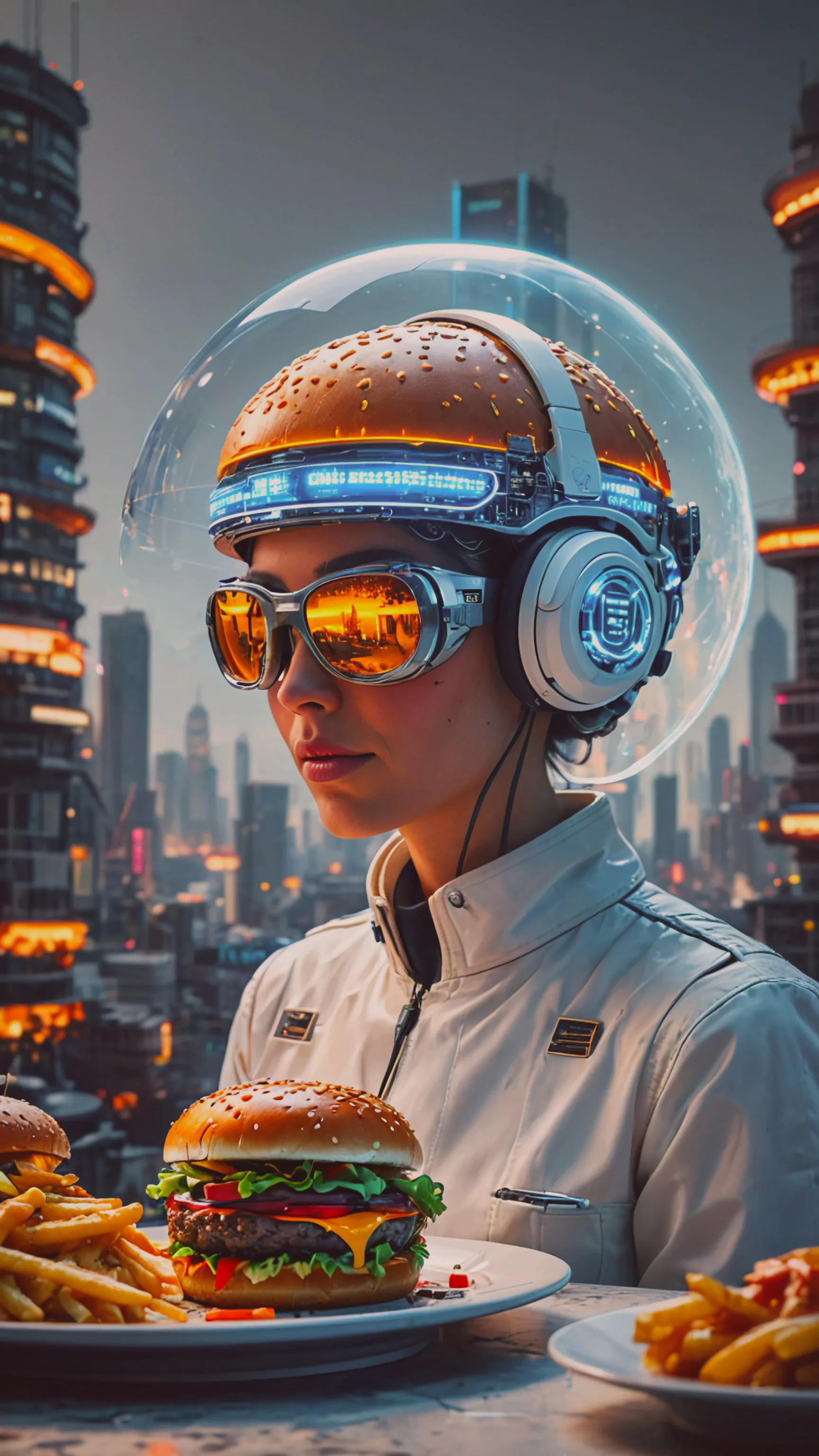 Cybernetic Burger EngineerIllustrate an anthropomorphic burger as a cybernetic engineer. The burger wears a high-tech visor, with patties and layers that are detailed with fine, delicate lines, leaving parts of it unfinished and blending into white space. Its eyes glow with a technical light, and its layers shimmer with ethereal, digital patterns. The background features minimalistic, futuristic workshop scenes with faint, ghostly outlines of advanced machinery and neon-lit tools, emphasizing the burger’s industrious, futuristic expertise.