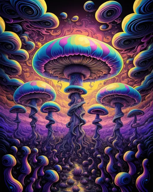 ￼ Psychedelic mushrooms with vivid colors trippy clouds swirling sky￼