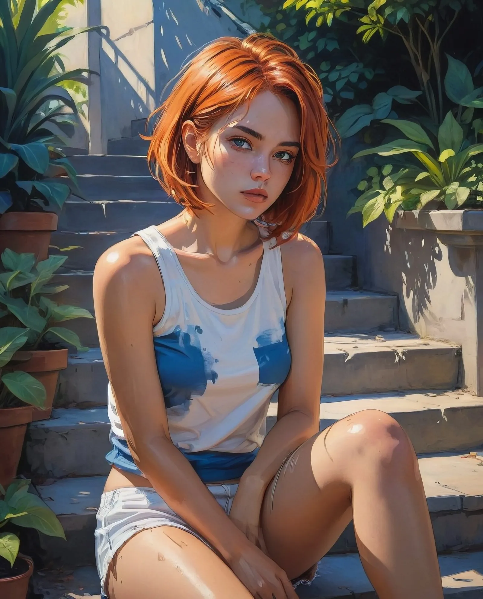 Gorgeous young woman with reddish orange hair in a bob style, sitting on a step in a garden, wearing a white tank top and short orange shorts, sapphire blue eyes, Eiza Gonzalez, Abstract Fashion, Stunning, Stylish Cinematic Composition, Dynamic Posing, Gorgeous messy long colorful Hairstyle, Mysterious, Dynamic Lighting, Volumetric Lighting, Intense Backlighting, Shadows, Chiaroscuro, Tenebrism, Penumbra, Dramatic Staging, Monochromatic, tan Accents, Cel Shading, Toon Shading, Rotoscoping, Fresco, Oil On Canvas, Pastels, Acrylic On Canvas, Watercolor & Ink, Matte Finish