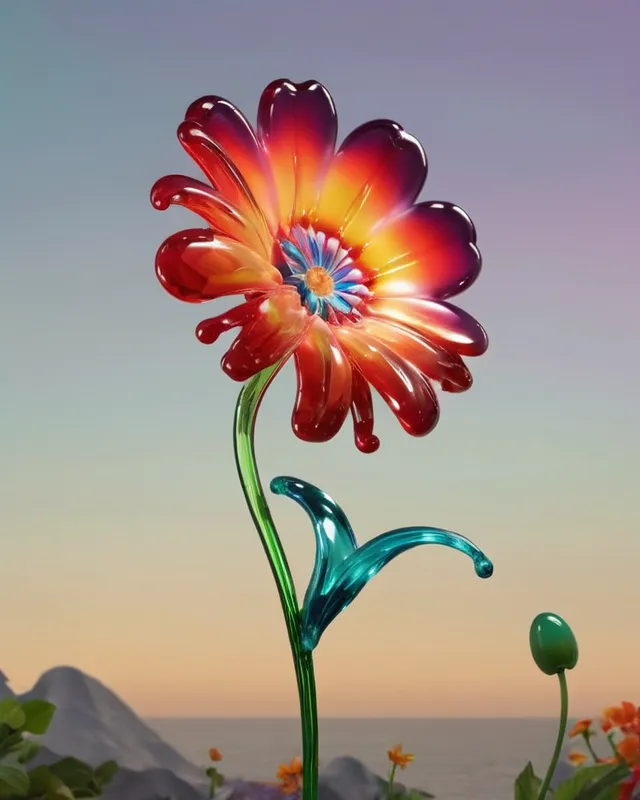 Flat volumetric giant 3-D flower with unnaturally curved stem, flat 3D art, huge flower, bright colors, jelly texture, jelly, magical, unnatural colors, ida lissner, glass, paradise flowers, CVD poster