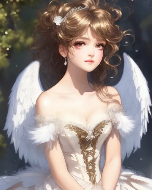 A angel with a fluffy white shiny dress, huge white wings, brown curly hair, have white fluffy hair clips, white shiny makeup, white porcelain skin, sharp features.