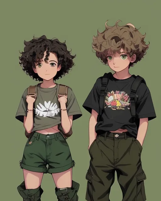 Twin boy and girl with brown skin,curly brown hair with blonde highlights, the girl with a short jean jacket,black crop top, jean shorts, and combat boots, the boy with black cargo pants, a white long sleeved shirt, a satchel, and grey combat boots, they both have green eyes, they are standing in the forest