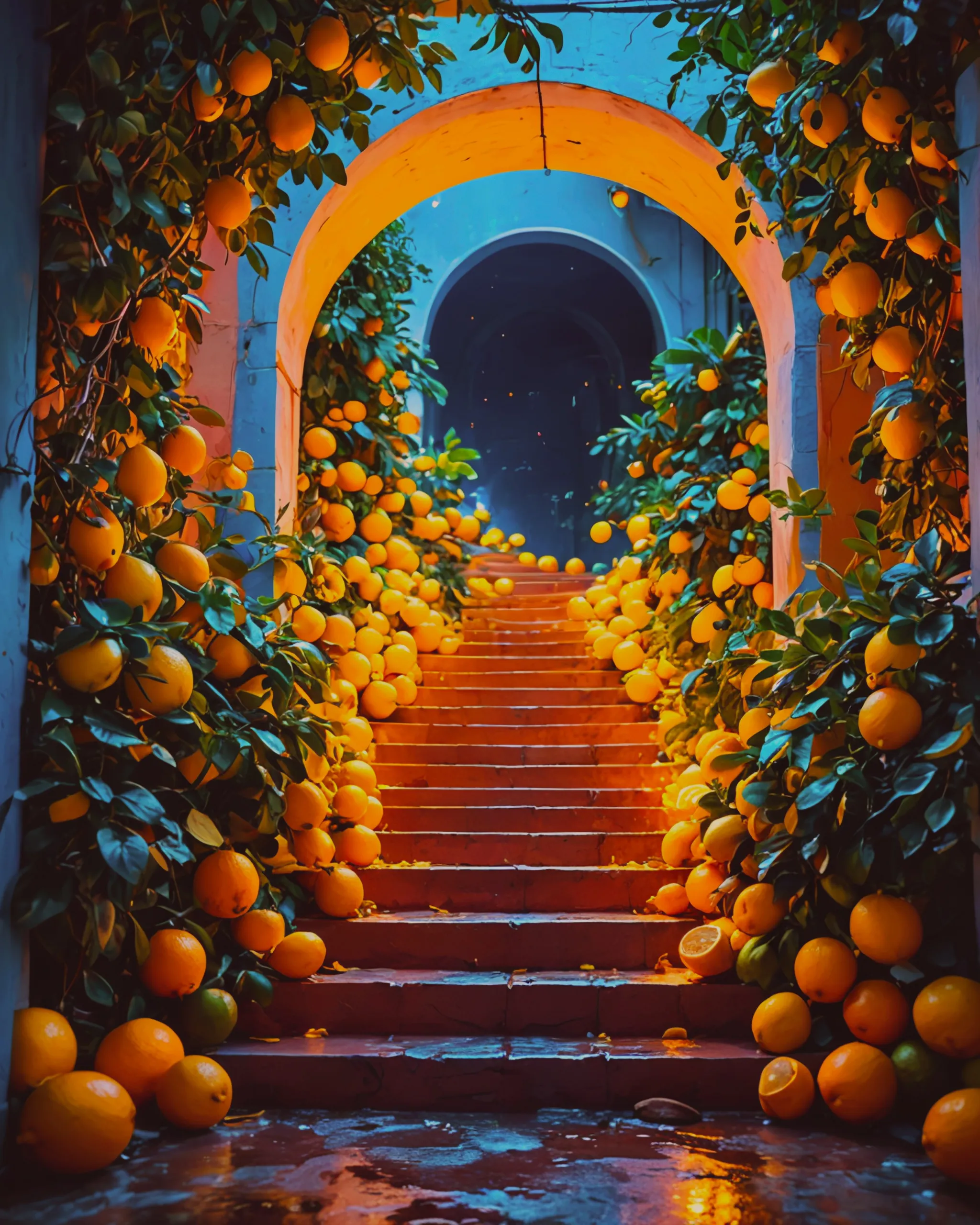 A stairway entering a neon yellow portal surrounded by cascading lemons 