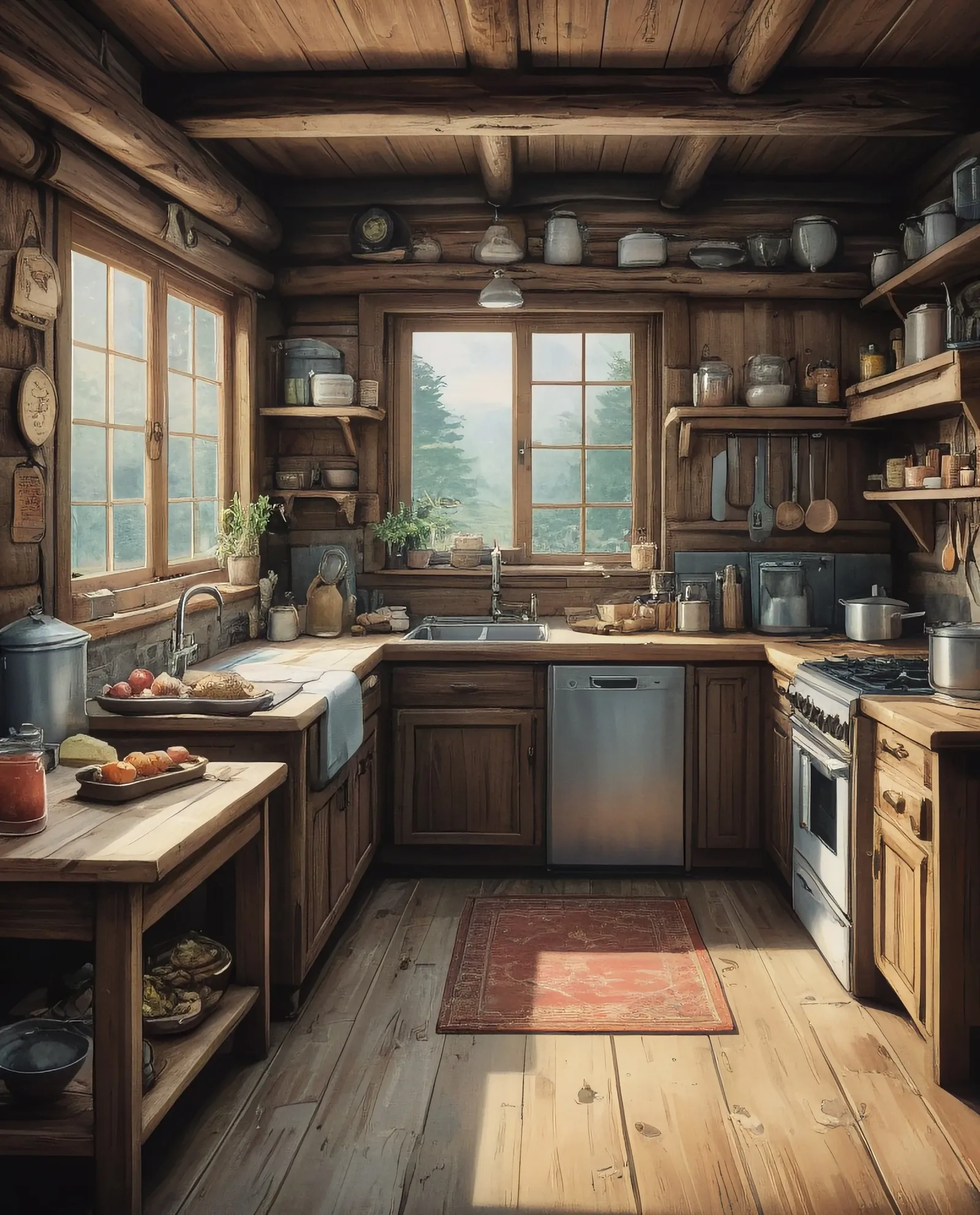 Full view of a chef's dream kitchen in a rustic log cabin