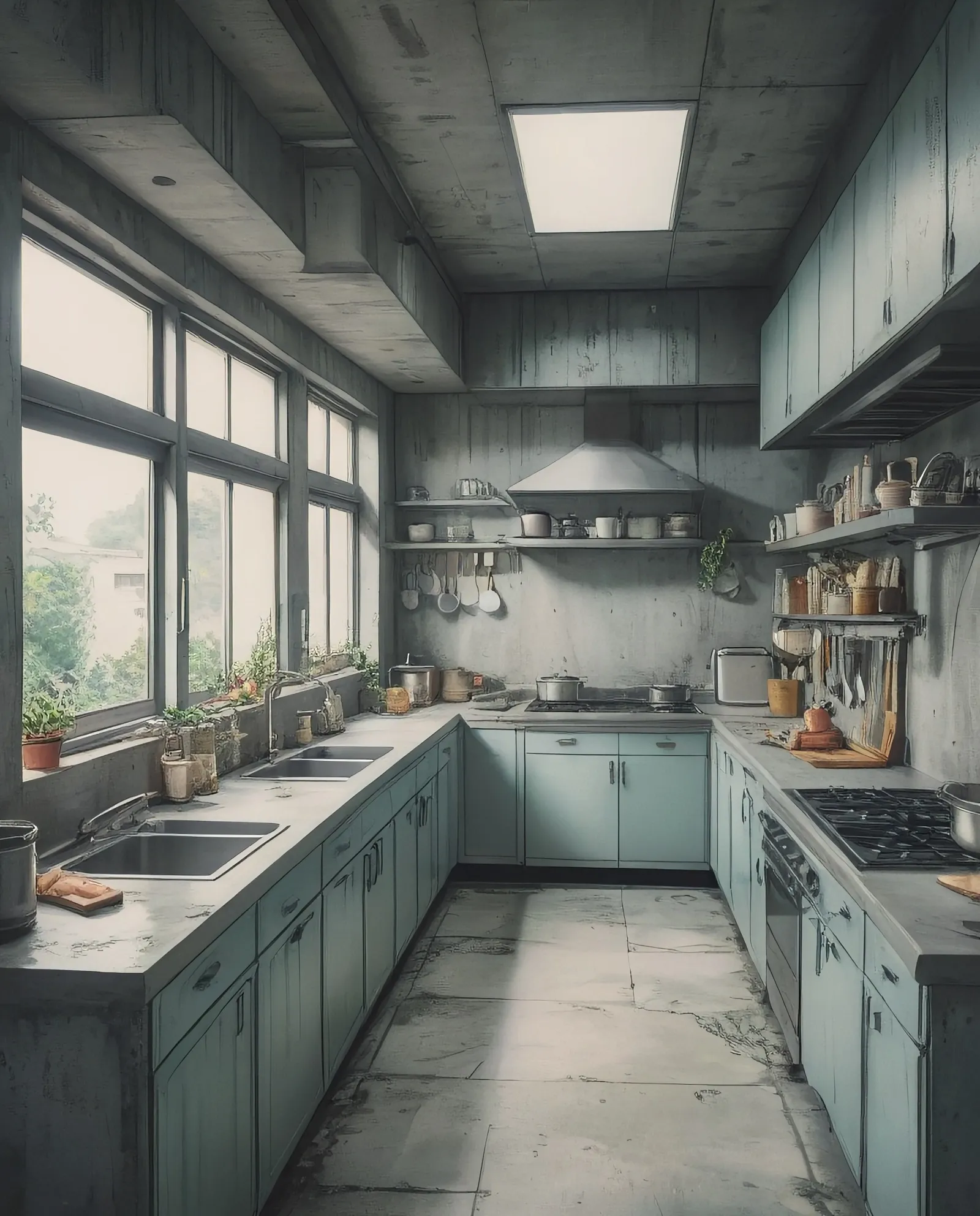 Full view of a chef's dream kitchen in a modern concrete house