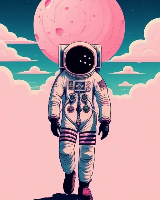 The astronaut is walking , they walk on pink sticky texture 