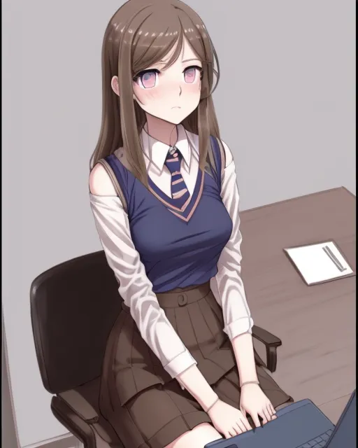 Dark brown messy shoulder length hair. Blue eyes. Wearing an office uniform with pencil skirt and holding a lap top with a frown. 