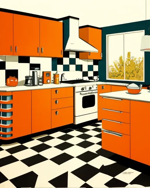 retro 1950’s orange kitchen, mid century modern style with time appropriate appliances, patterns, and details.  Formica table and countertops with checkerboard floor and atomic starburst patterns on backsplash.  room interior design illustration by mick ricereto,  detailed,  interior croquis color illustration,  digital illustration,  4k,  ultra hd, Frank Lloyd Wright, Bauhaus