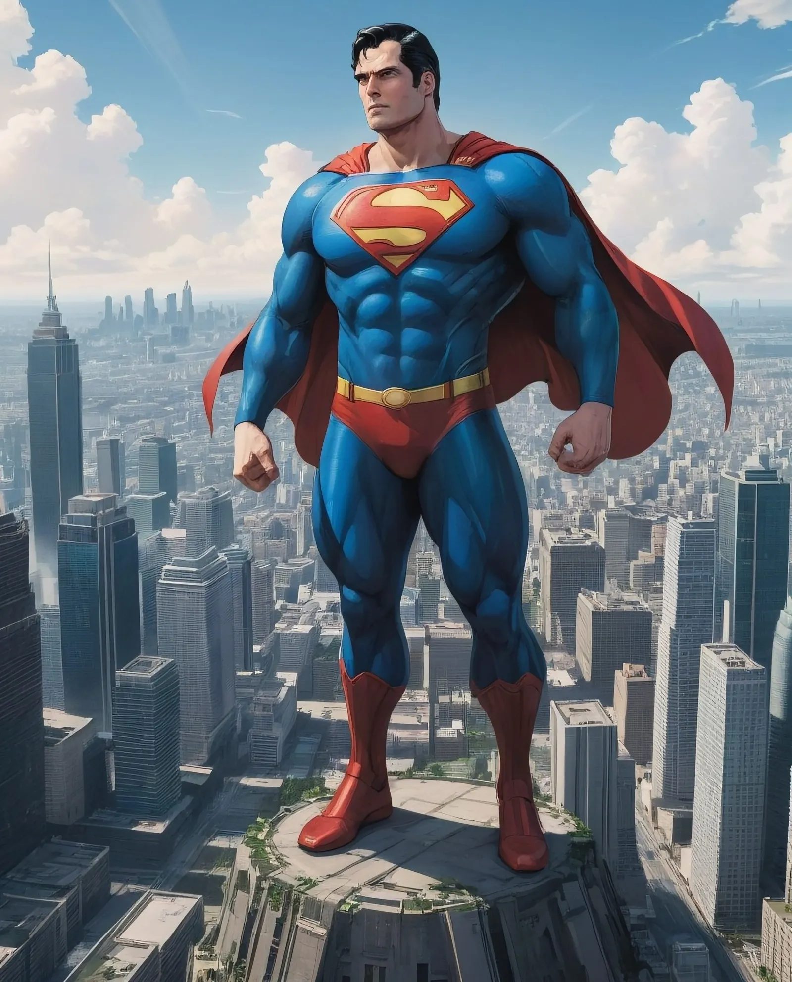 Giant Superman standing over a tiny city