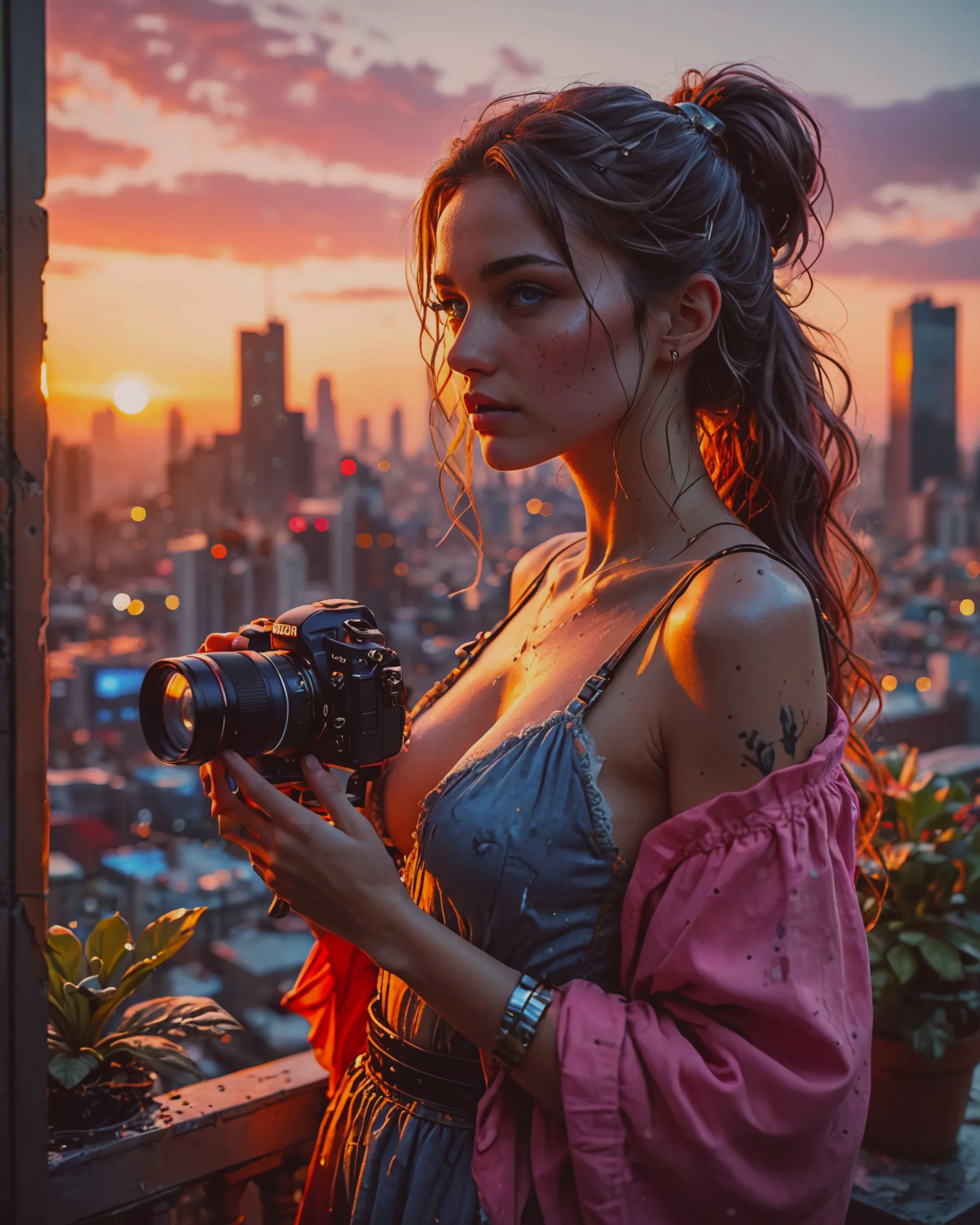 Girl (holding a camera) out on the high rise apartment balcony, decorated with plants, looking out at city skyline, orange and pink sunset, blue city hues, concept art, portrait by Greg Rutkowski, Anna Dittman, Artgerm, WLOP, Alphonse Mucha, dynamic lighting, hyperdetailed, intricately detailed, Splash art, trending on Artstation, triadic colors, Unreal Engine 5, volumetric lighting