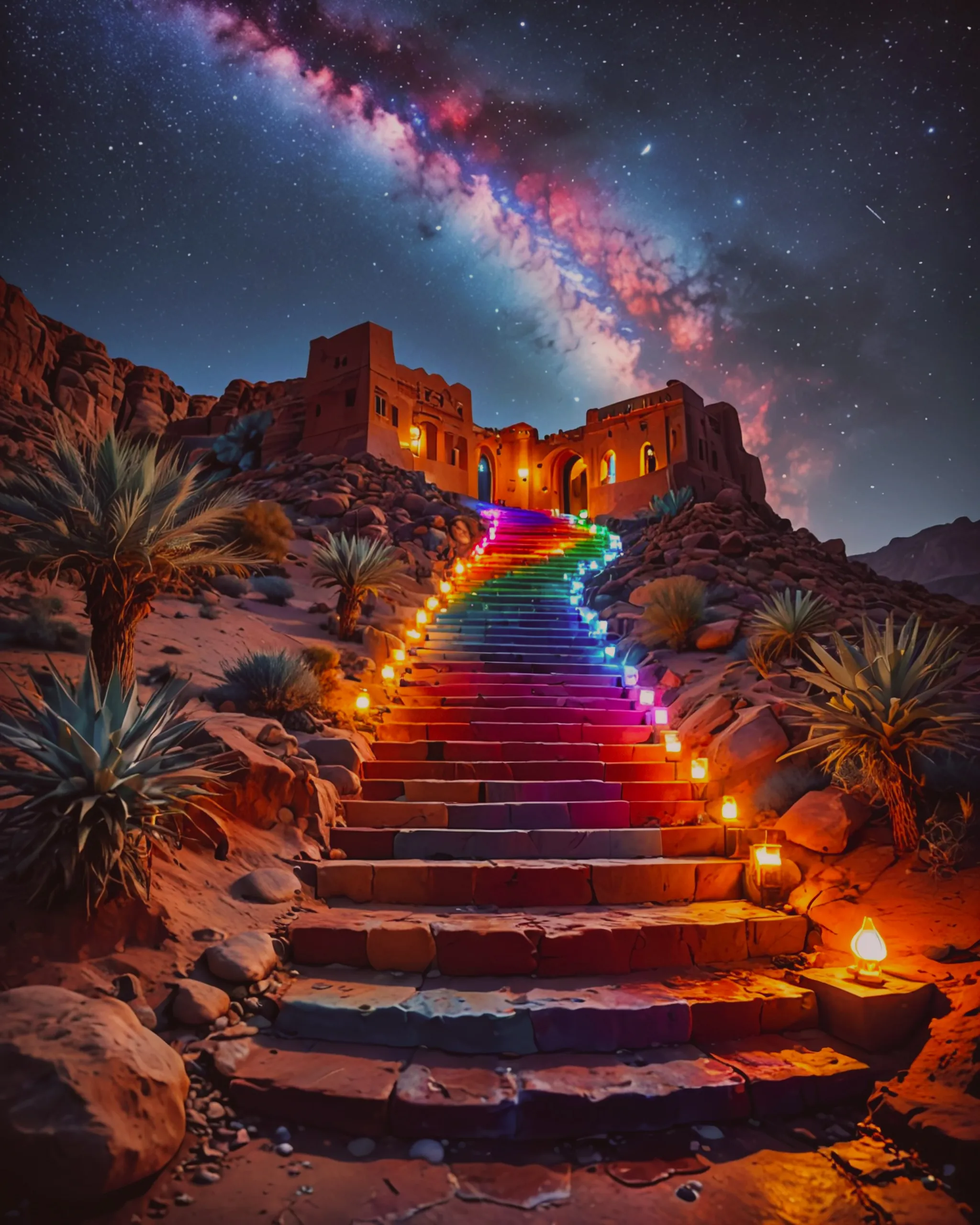 Rainbow staircase leading up sky - Free AI Photo Generator - starryai