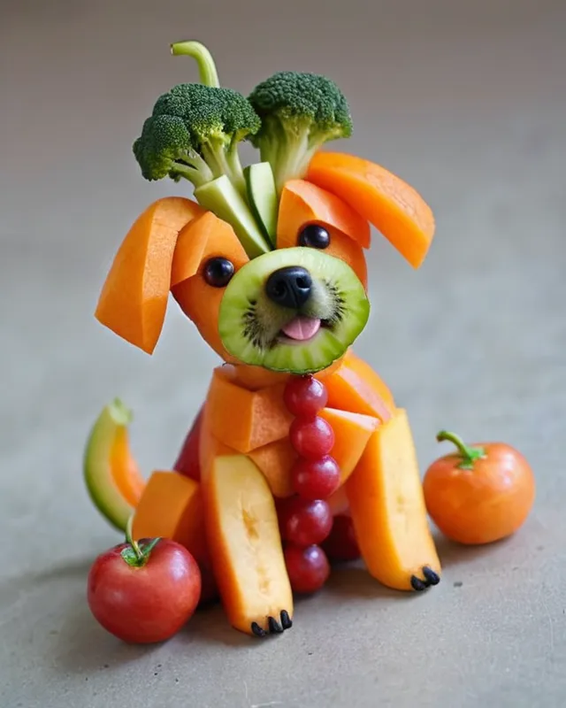 A cute little dog made from fruits and vegetables.