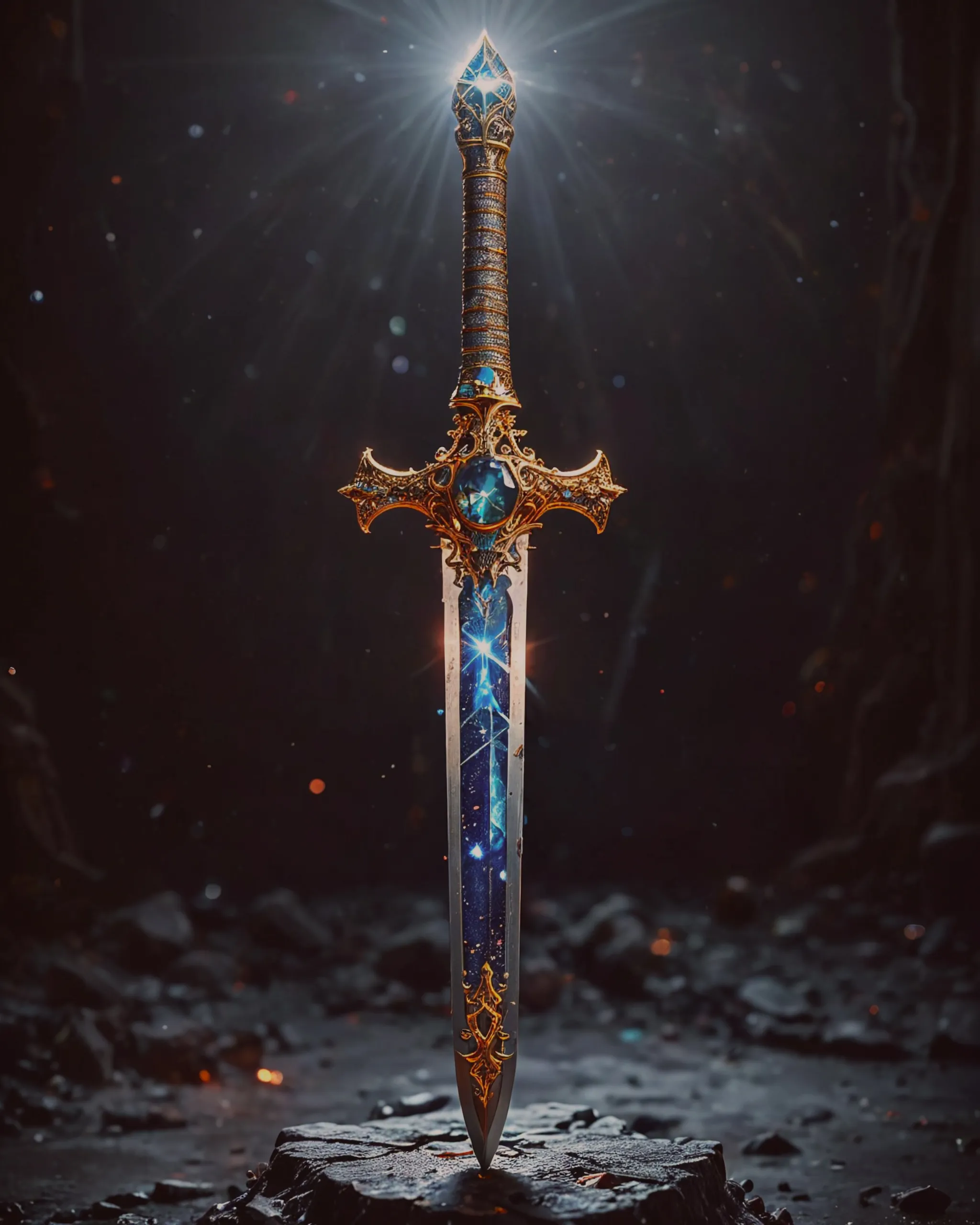 A golden sword with a gem-encrusted hilt and a sharp blade made of pure diamond