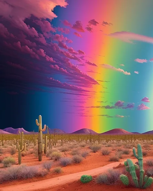 Rainbow colored tornado in a desert with cactus, sandy hills, cute clouds, vivid and bright pastel colors, thunderstorm, tornadic, landscape