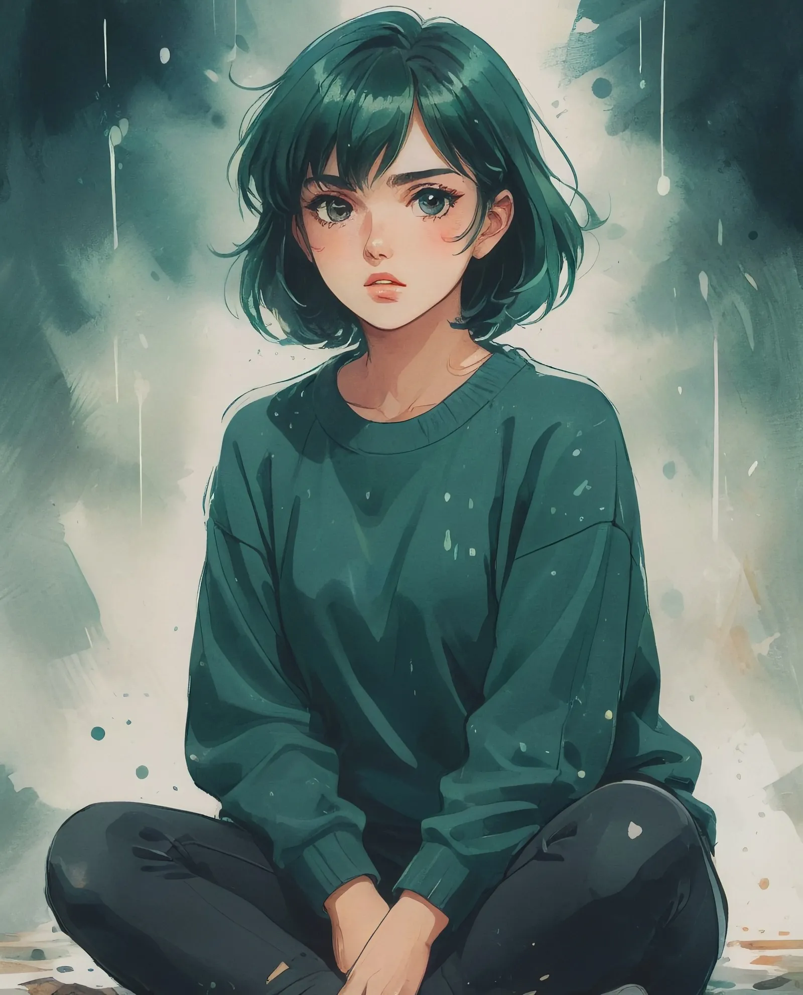 water colour, anime art, concept art portrait by Greg Rutkowski, Artgerm, WLOP, Alphonse Beeple Caravaggio, muted colors, watercolor style, pastel painting abstract portrait by jamie litch, in the style of aggressive digital illustration, pensive poses, paint dripping technique, anime art, sharp brushwork, in the style of ross tran, captures raw emotions, ivanovich pimenov, pensive poses, Seb Mckinnon, Jeremy Mann