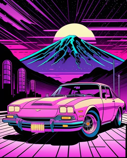 Outrun/nightcore aesthetic featuring a vintage style car in an out of this world dreamscape scenery. Neon colors included.