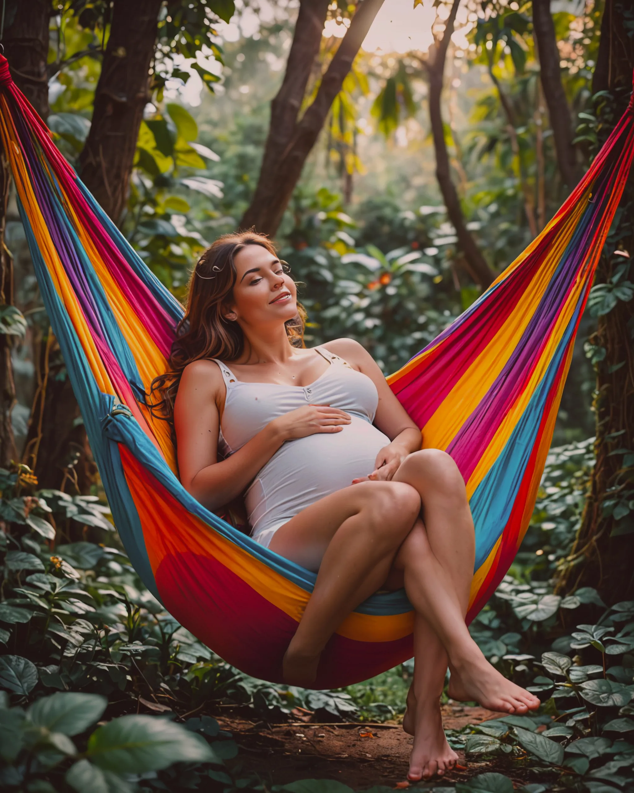 A pregnant woman relaxing in a hammock, peaceful, happy