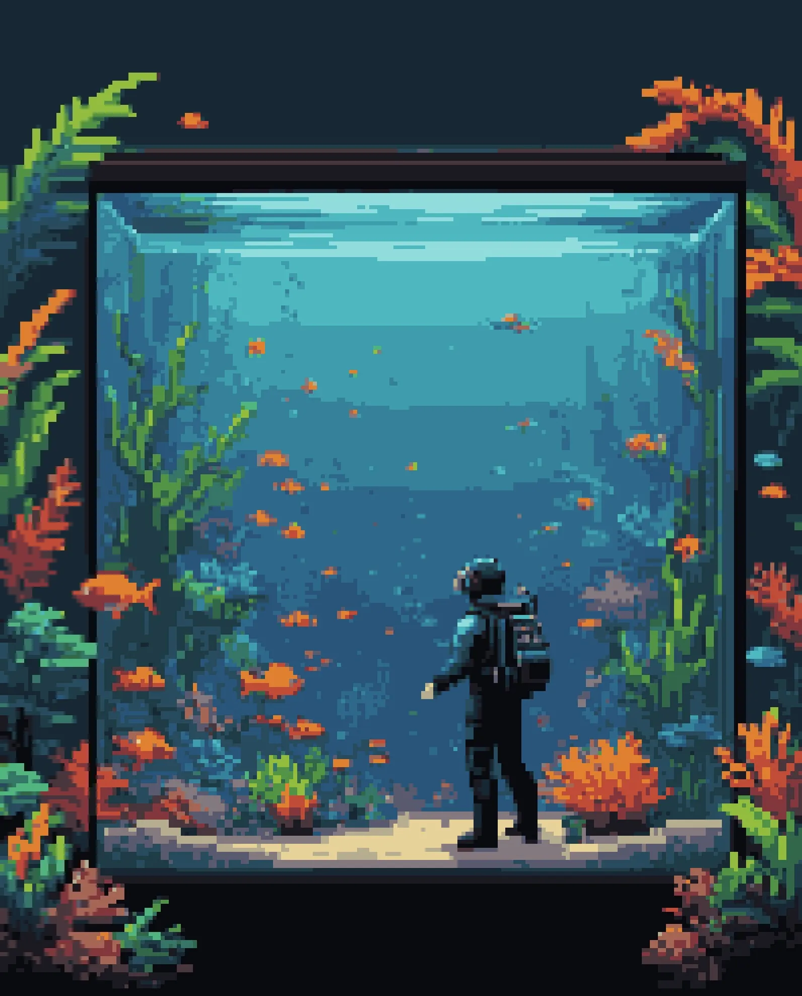 Fish tank full of tropical fish and a diver 