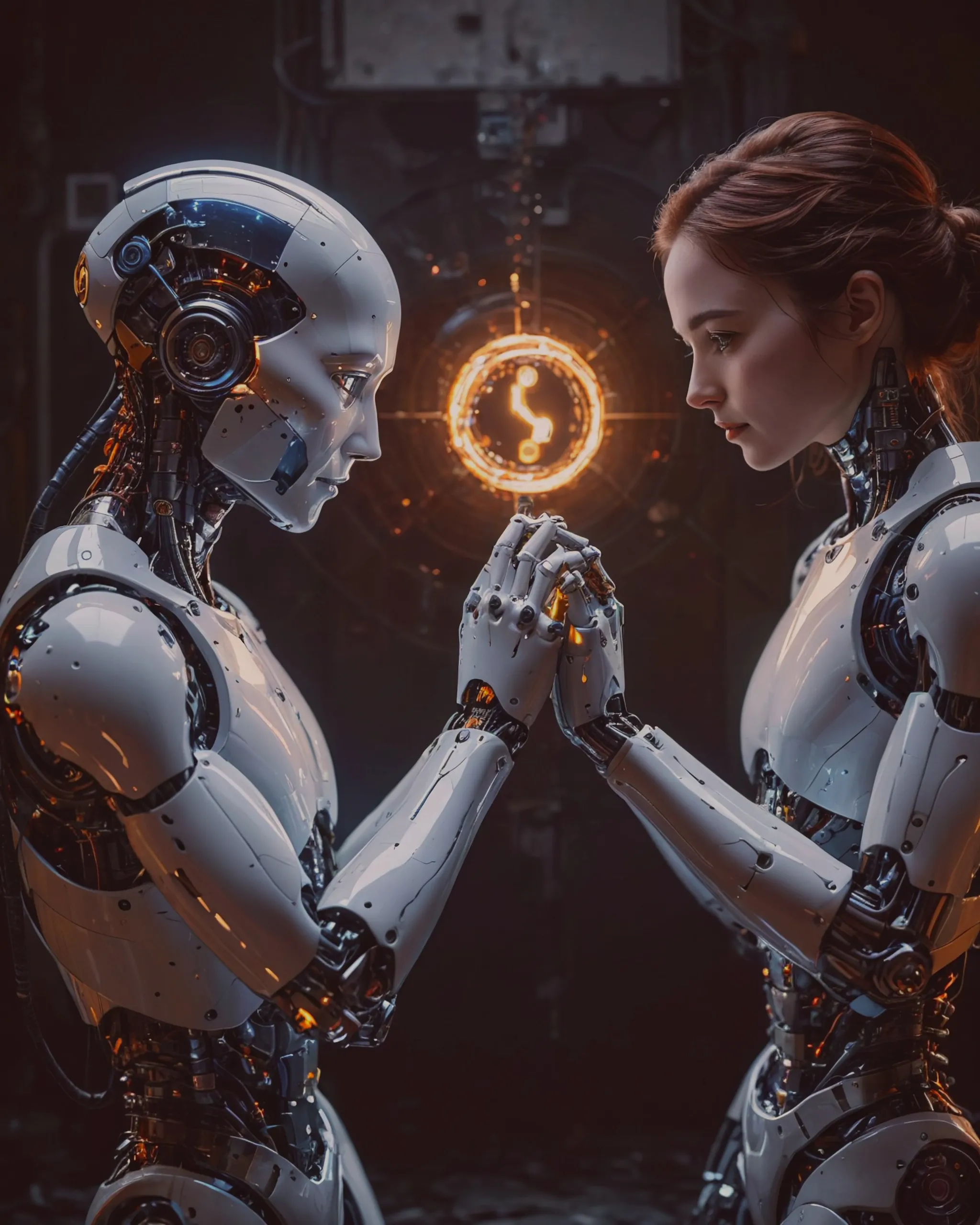 A yin and yang with a robot and a human looking at each other and touching each other’s finger