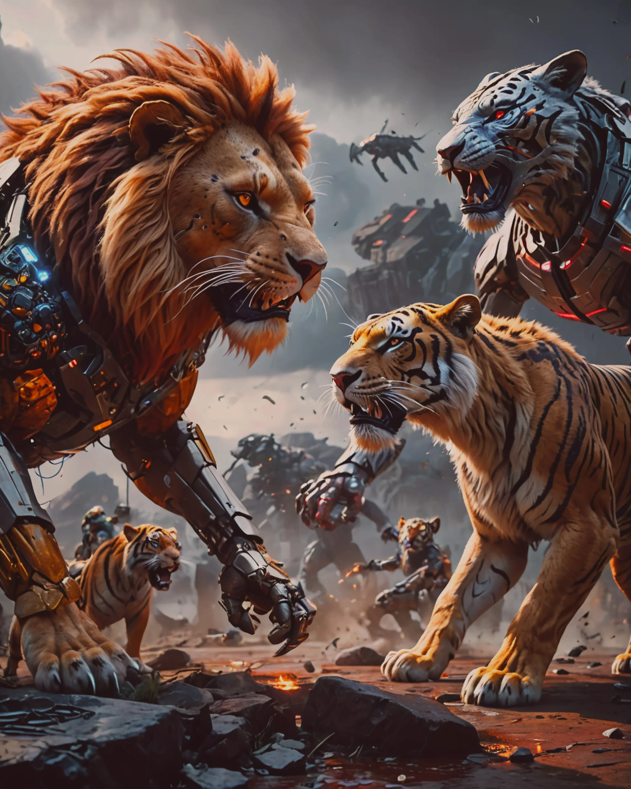 Cyborg Lion Vs A pride tigers - Free AI Photo Generator - starryai