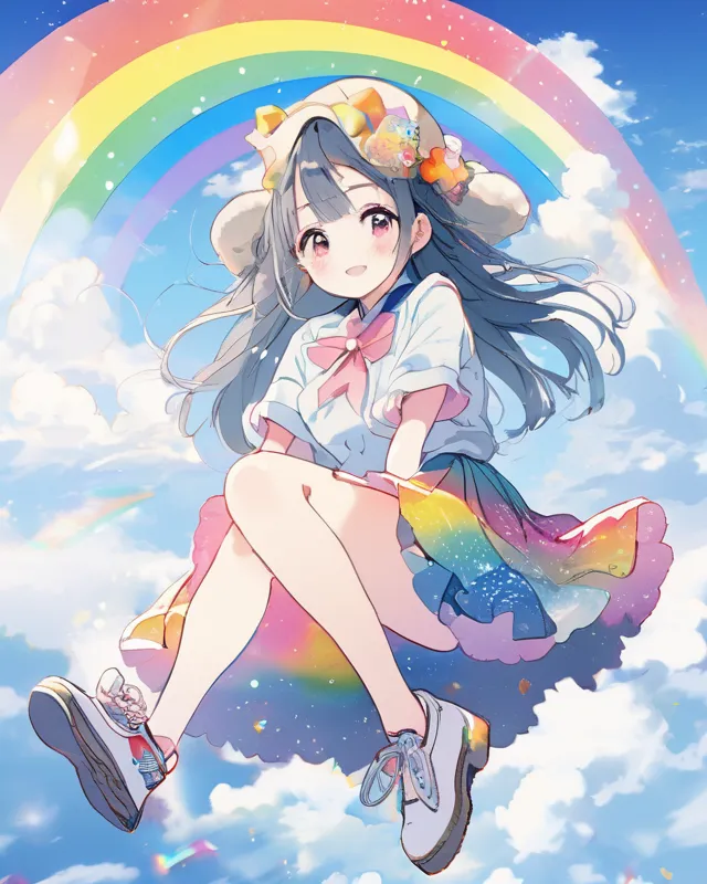 An anime girl wearing a rainbow skirt sitting on a cloud in the sky under a rainbow 