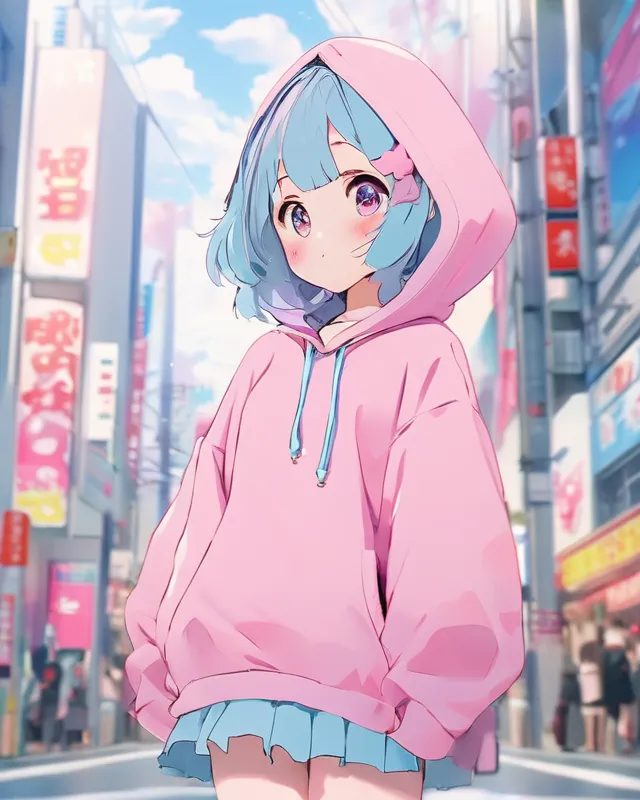 A kawaii anime girl wearing a pink hoodie with a pink skirt and pastel blue hair in Tokyo 