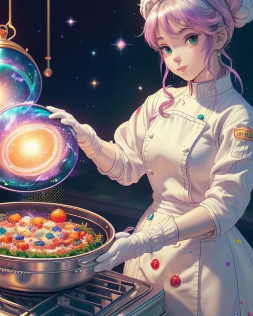 A chef expertly crafting a culinary masterpiece in a bustling kitchen, entire matrioshka worlds cultivated within celestial fungus, emanating in glittering reproducing ever-inward., disney cartoons