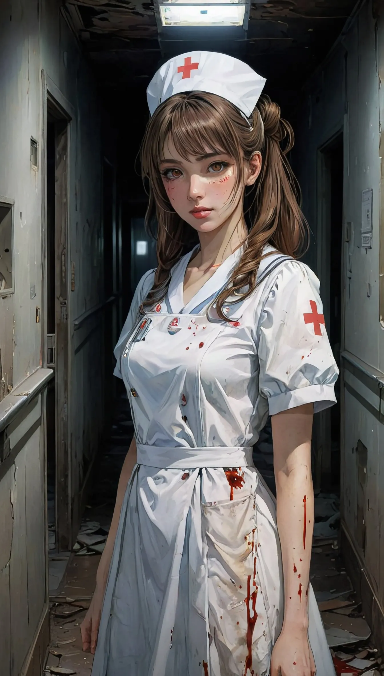 A blood-covered ((Japanese nurse)) with (brown hair in a hime-cut). She is in an (abandoned hospital hallway). The hallway is ((dark)). She has a distant and forlorn look about her. The hospital has a ghostly air about it. Alan Lee, Arthur Rackham, Stephen Gammel, dark fantasy, extremely detailed, detailed, beautiful face, dynamic pose, beautiful eyes, perfect composition, horror