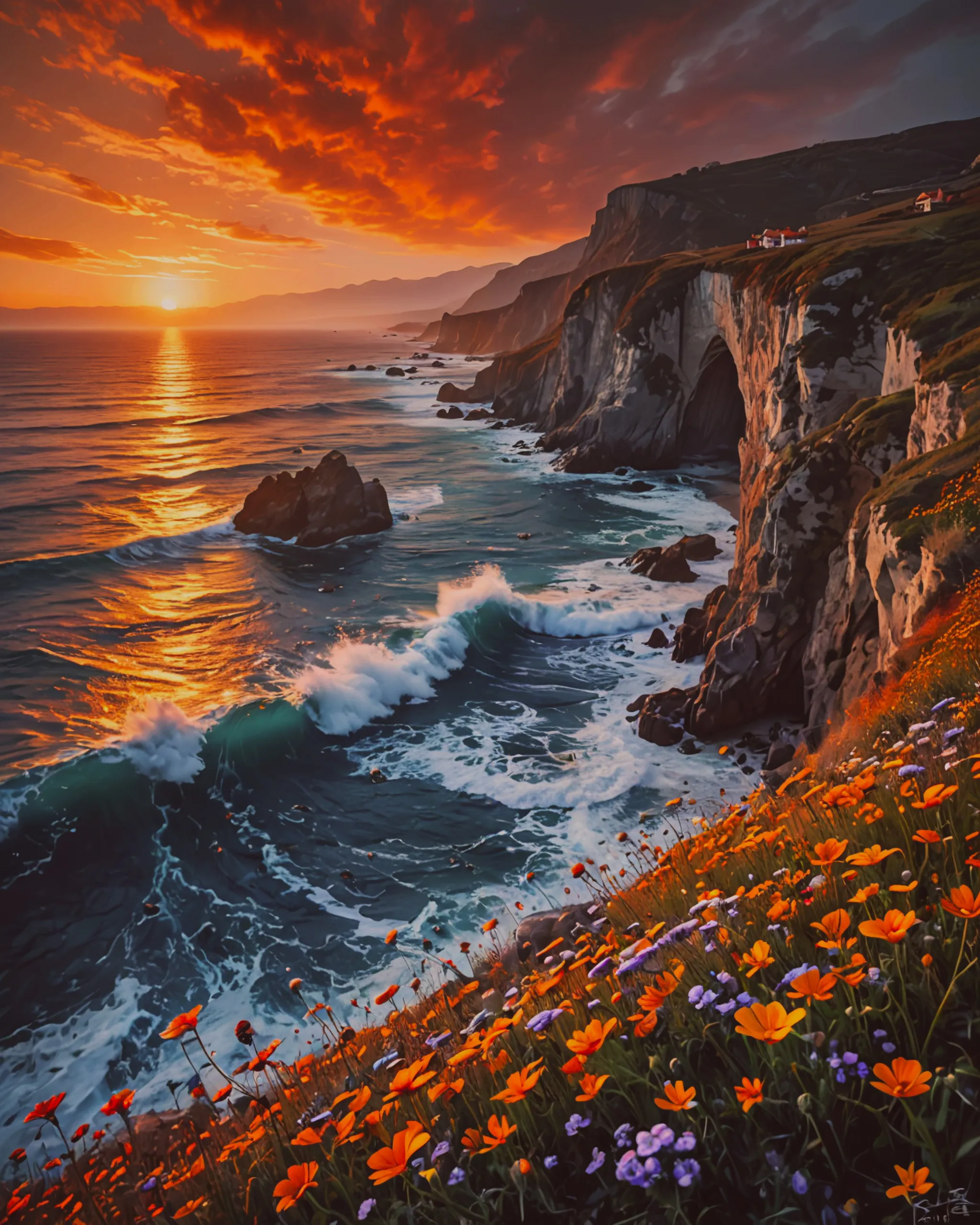 Visually aesthetic painting of a field of beautiful whimsical wildflowers apposed to a vibrant sunset, cliff, ocean.   Inspired by Gabriel Björk Stiernström, Sean Bagshaw, and Alexander jansson.  Artwork