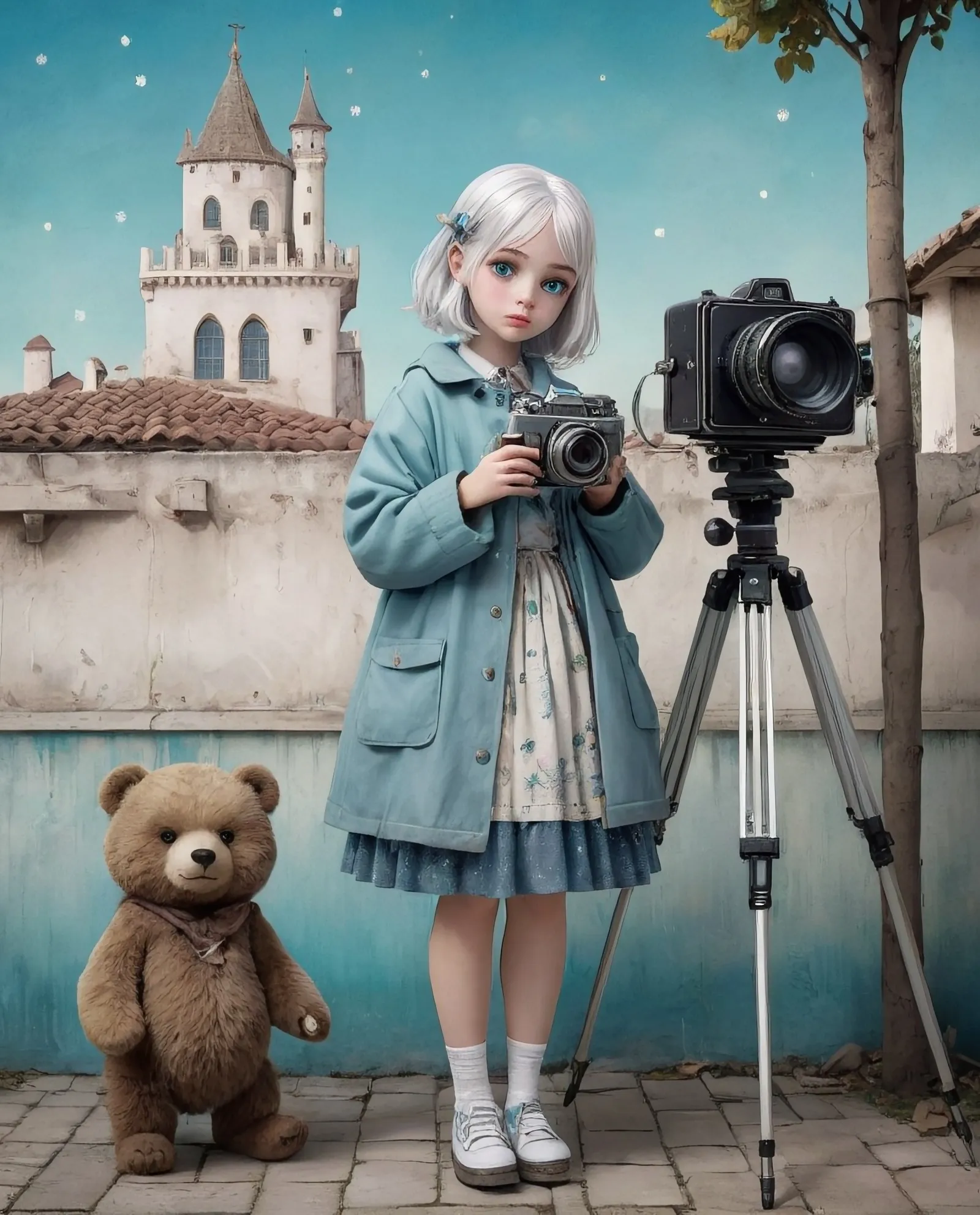 girl white hair blue eyes a coat long - AI Photo Generator - starryai