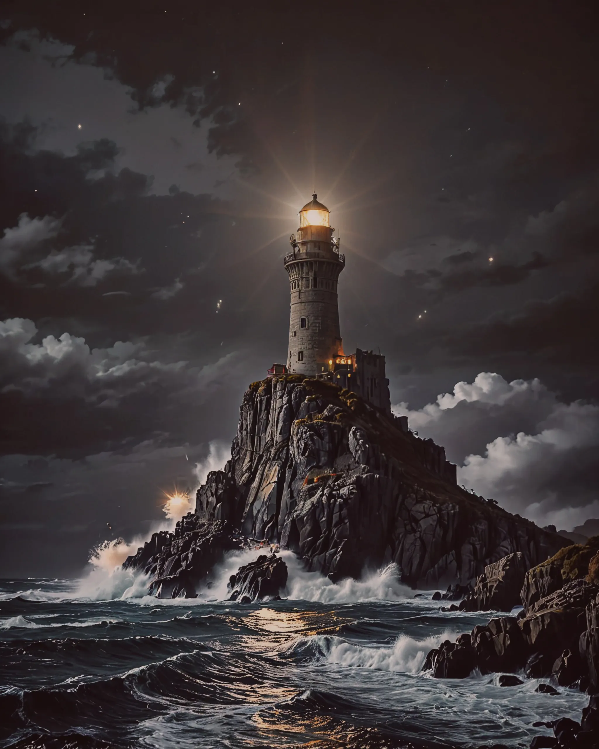 A lighthouse on a rocky cliff sea - Free AI Photo Generator - starryai