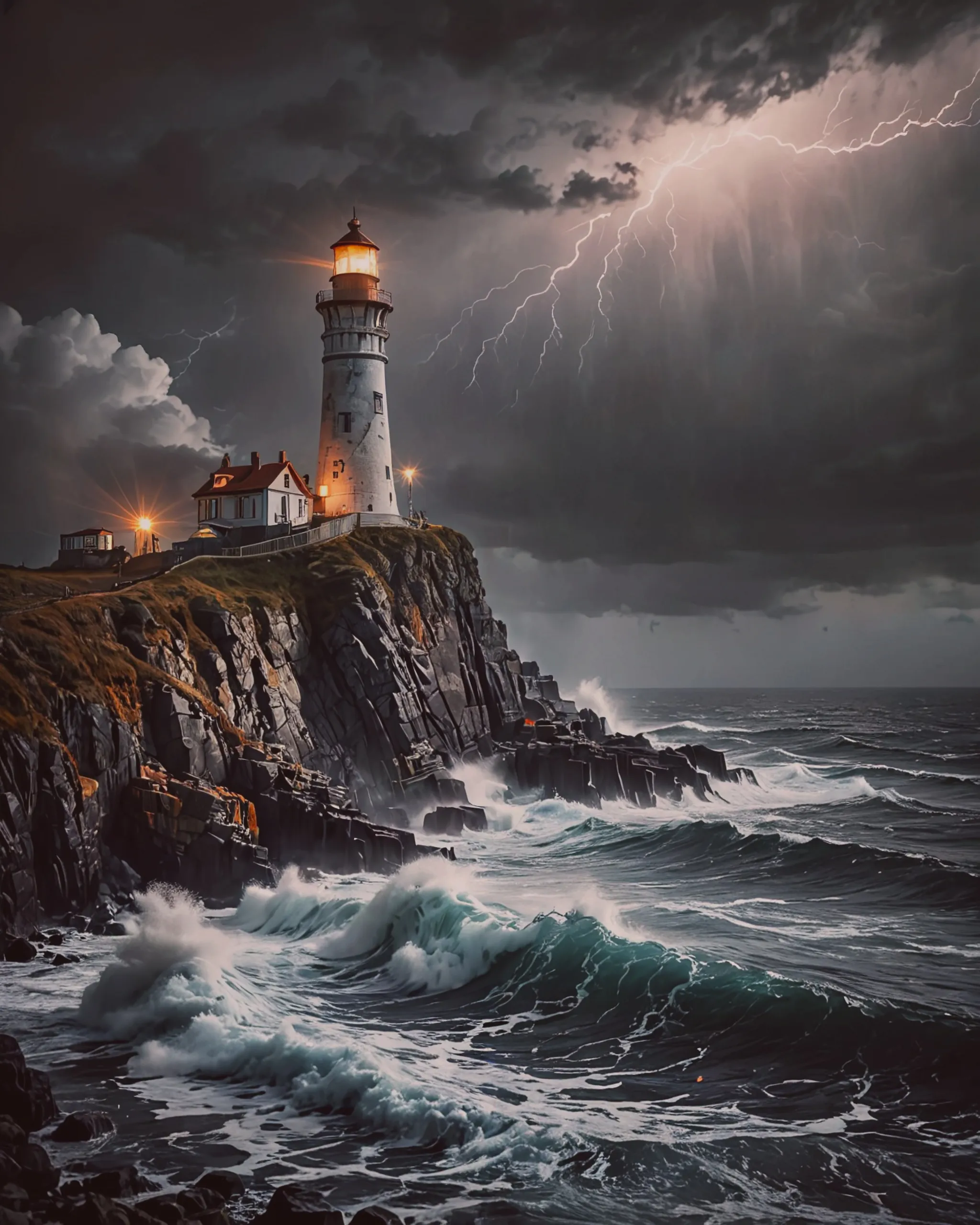 A lighthouse on a rocky cliff sea - Free AI Photo Generator - starryai