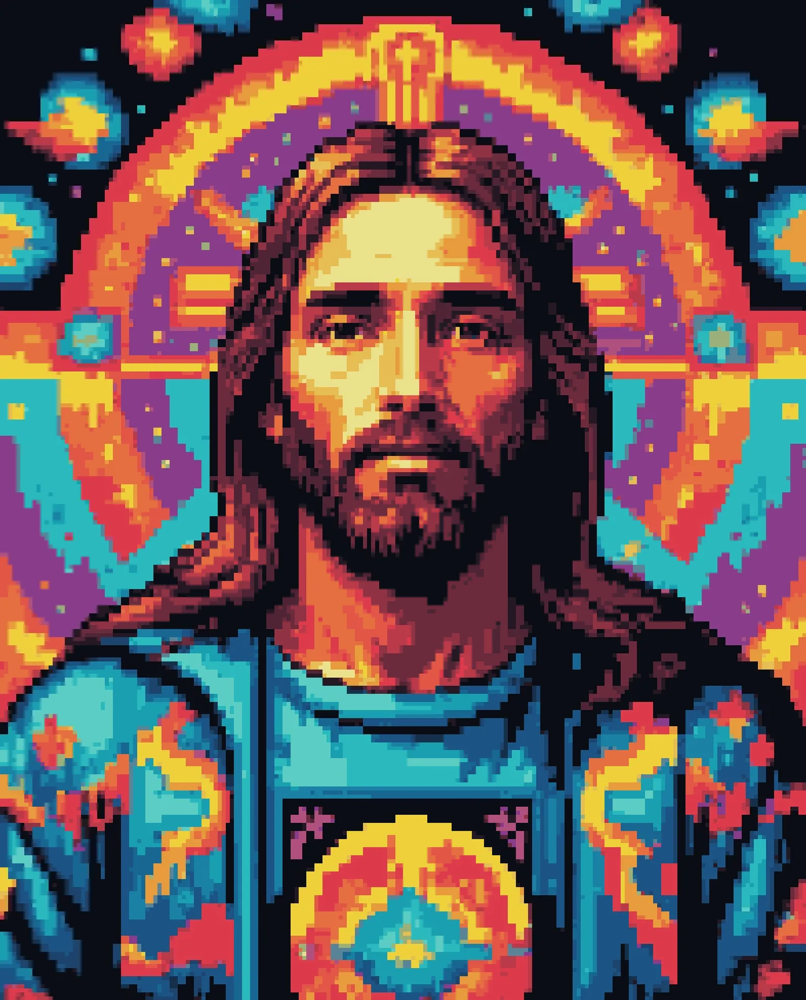 Jesus, 1960s concert tour shirt design, psychedelic, screen printing, glowing neon