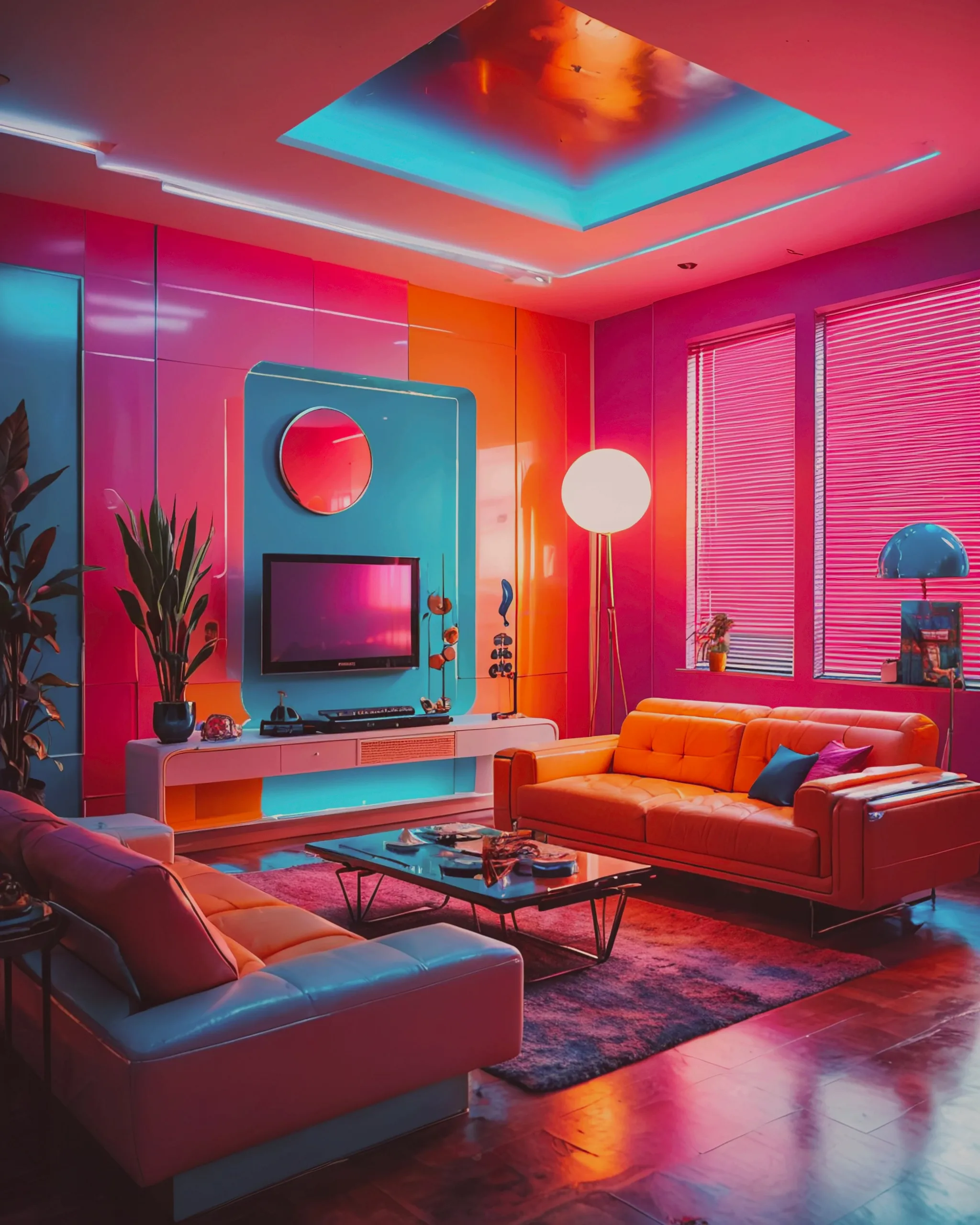 Bauhaus synthwave living room, interior design, full color, better homes and gardens, gloss, ultra hd