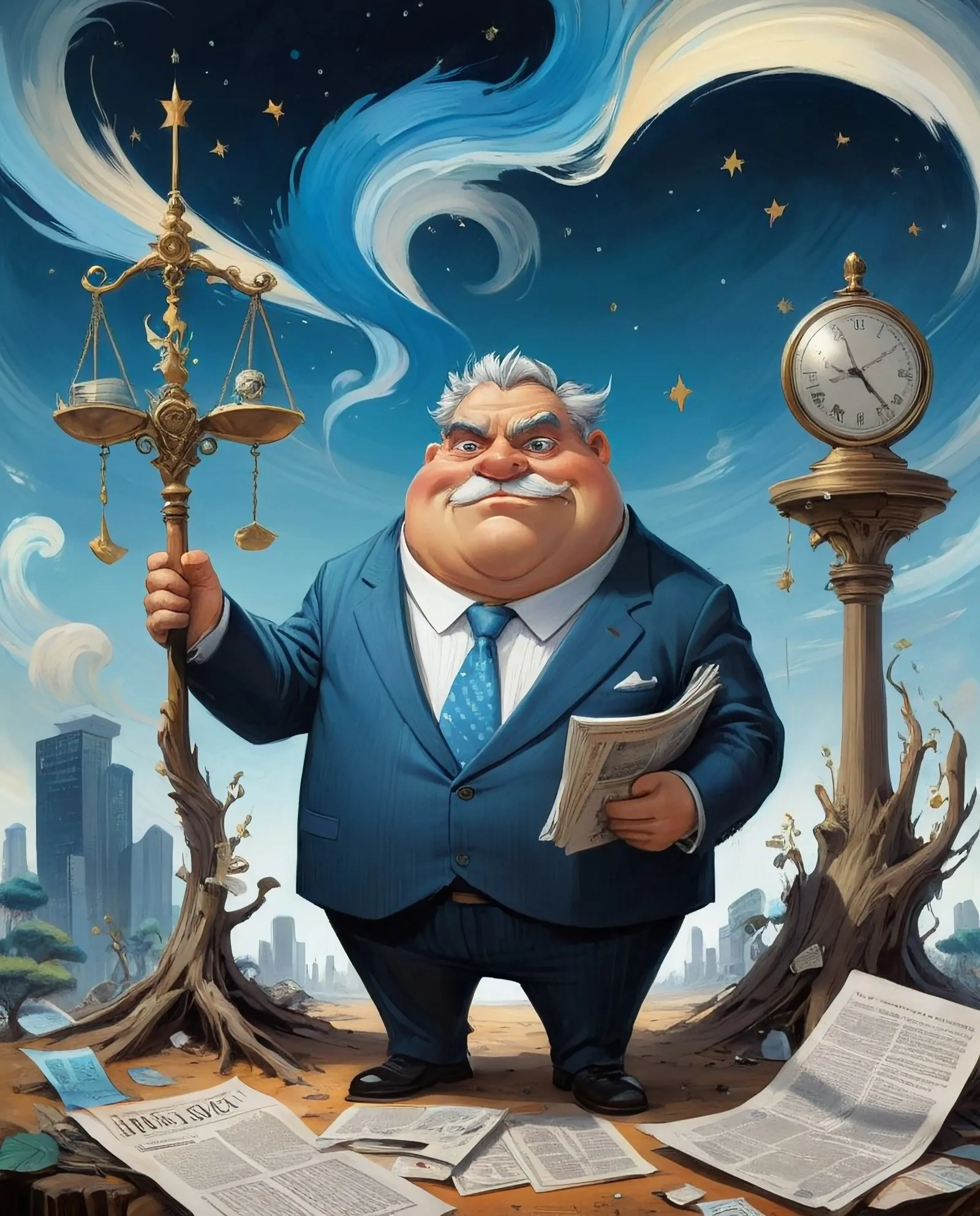 greg simkins and ann telnaes art, surrealism image of a funny fat politician character in a suit with a newspaper in his hand, a blue country flag, fluffy dried twinkling silver bushes and drift wood art in glistening surrealist landscape with the judge's gavel in the sky and a justice scale in the background, unusual lighting, tiny light gold and bronze accents, surrealism Impressionism 