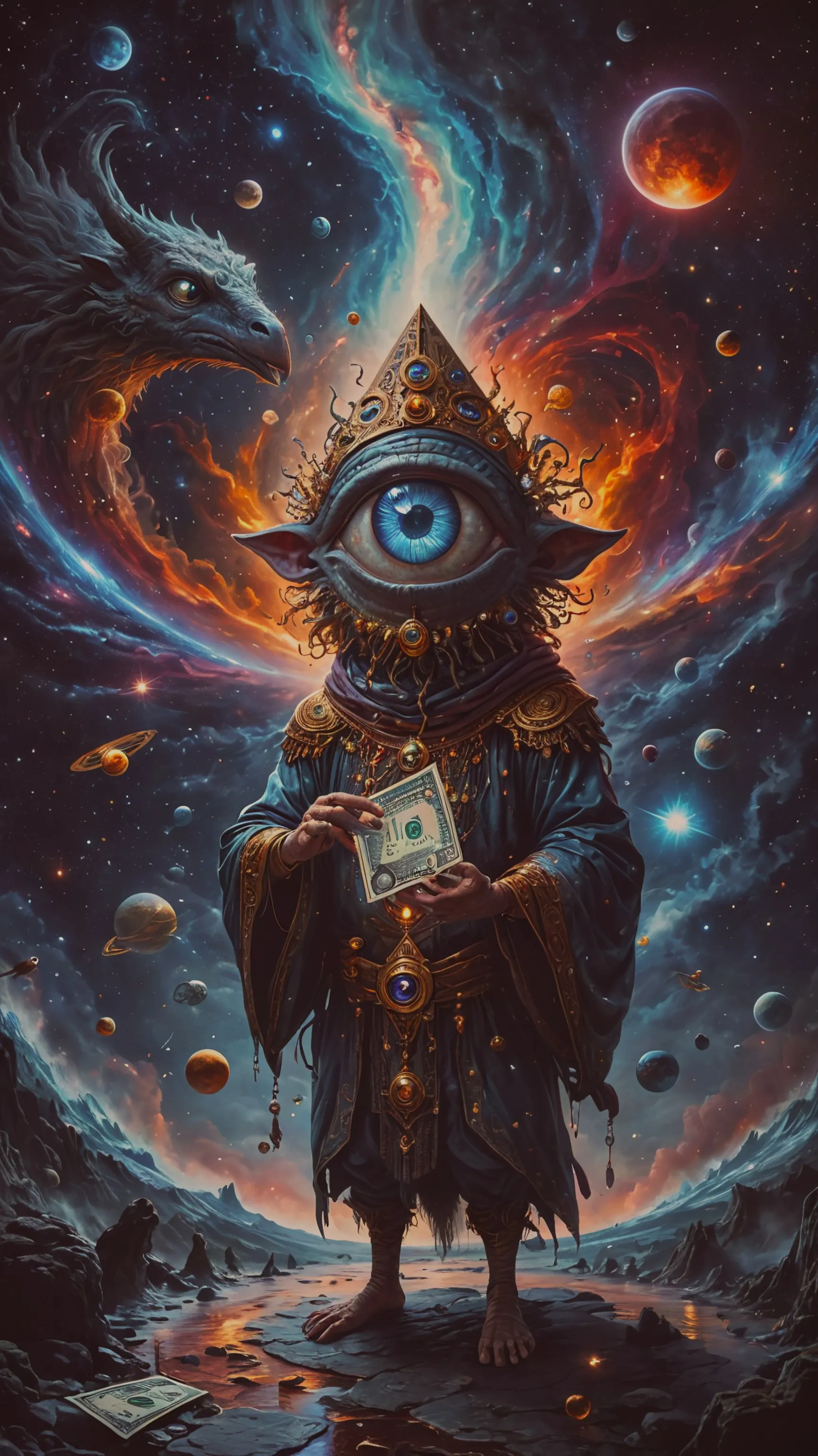 A whimsical and surreal masterpiece by Tim Burton, featuring a fantastical creature with an Illuminati Eye, holding a dollar bill. This creature is adorned with vibrant colors and intricate Rococo details. The background is a blend of cosmic and Renaissance elements, with a celestial sky, floating planets, and mythical creatures. The overall artwork exudes a mysterious yet ethereal atmosphere, combining elements of fantasy, surrealism, and hyperrealism., vibrant